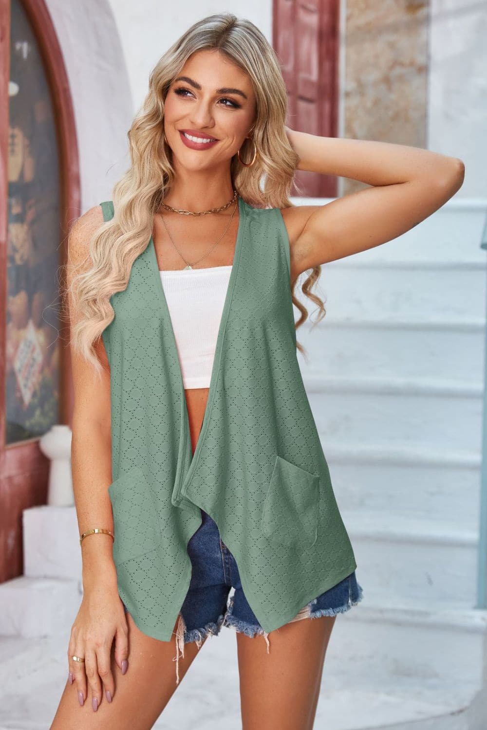 Eyelet Open Front Sleeveless Cardigan.