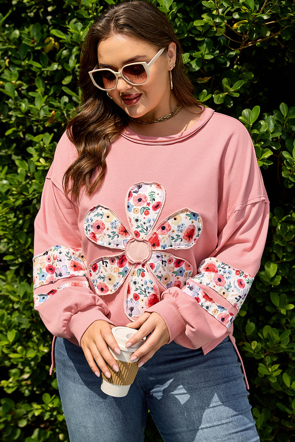 Peach Blossom Plus Size Floral Applique Sweatshirt Top Dear-Lover Dropshipping