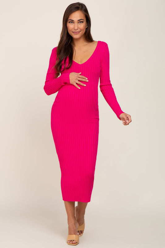 PinkBlush Fuchsia V-Neck Long Sleeve Fitted Maternity Maxi Dress, full view, showcasing its elegant fit and vibrant color for
