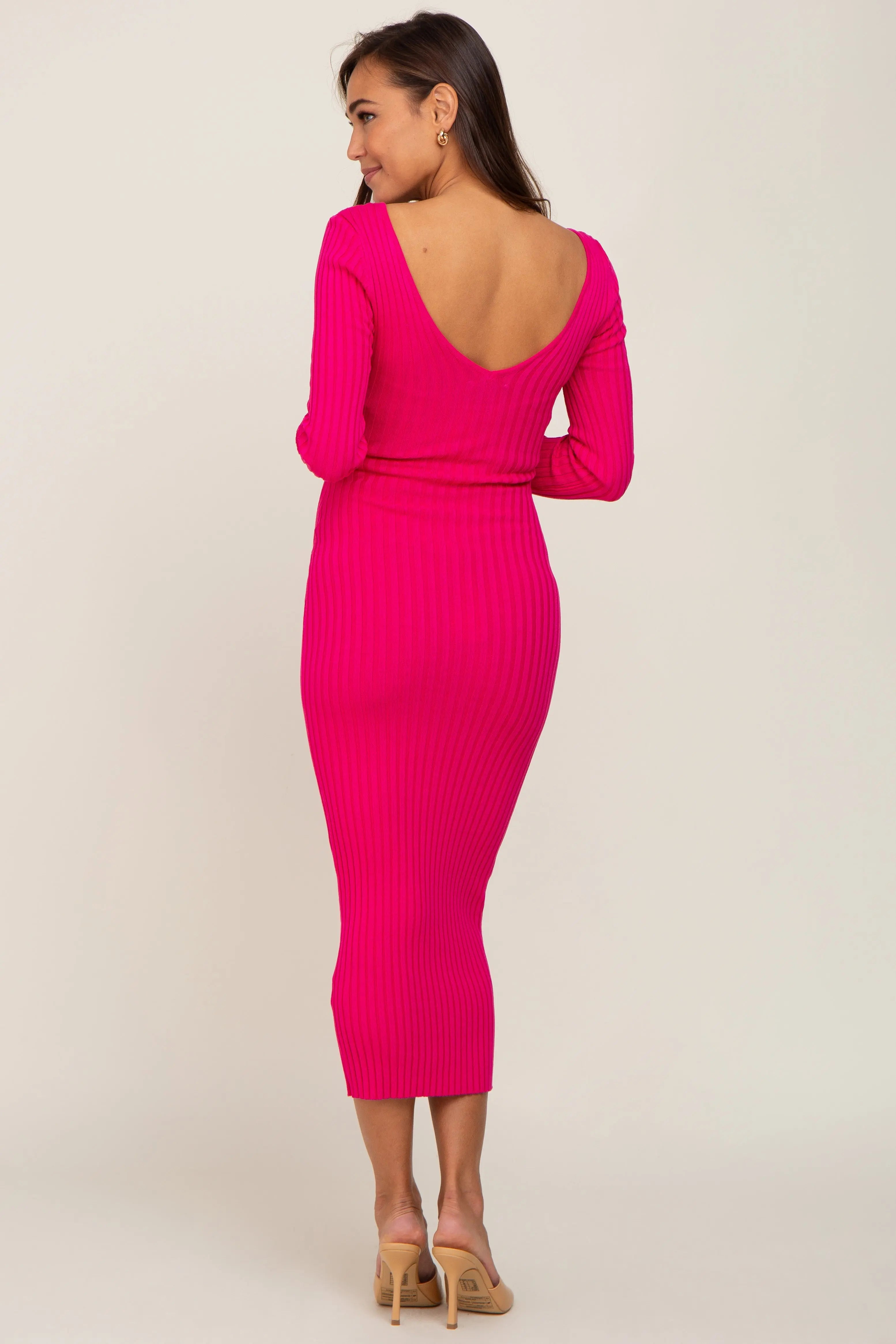 Fuchsia Maternity Maxi Dress With V Neck Long Sleeve Fitted PinkBlush