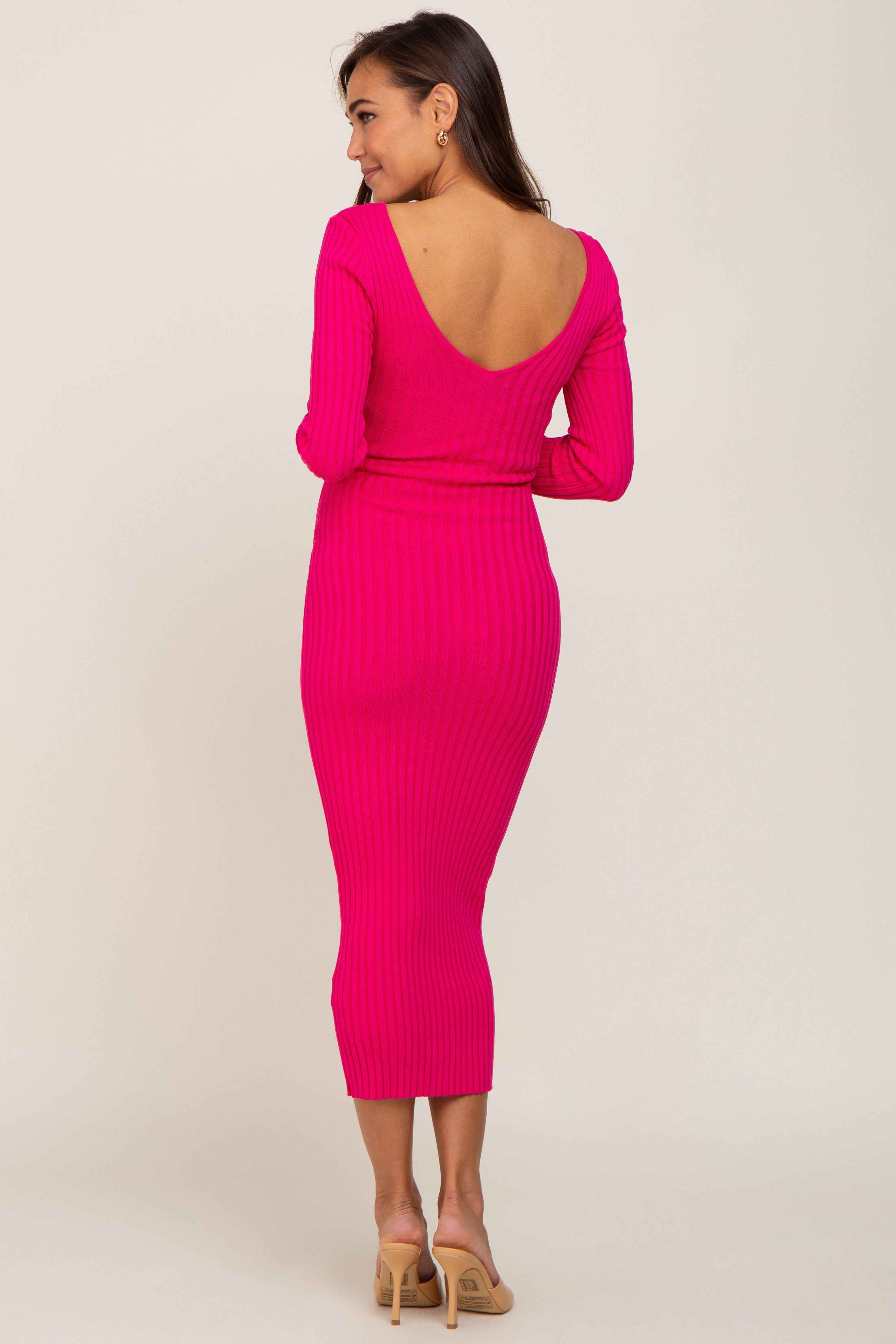 PinkBlush Fuchsia V-Neck Long Sleeve Fitted Maternity Maxi Dress, close-up of the V-neckline and comfortable long sleeves.