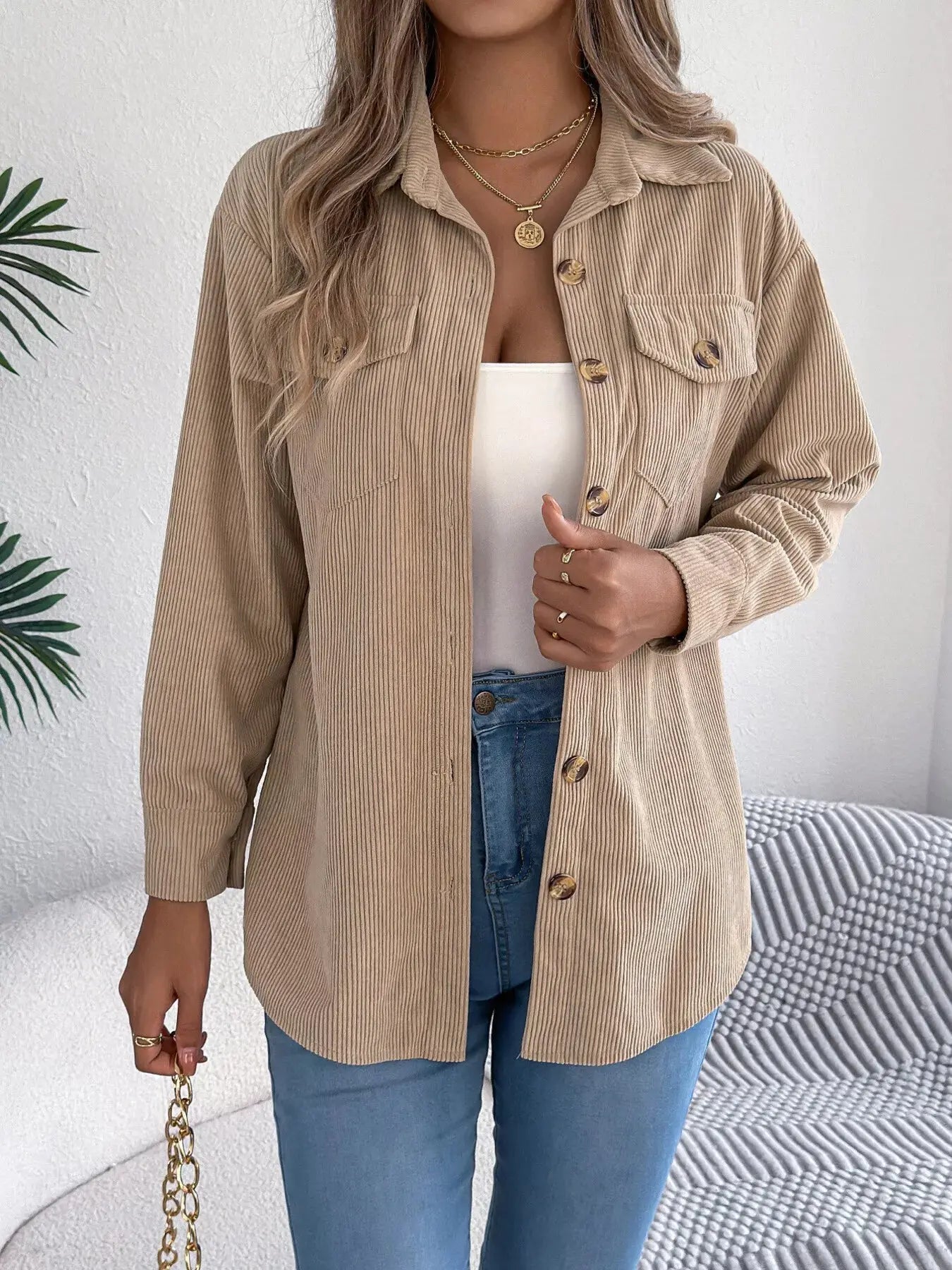 Casual Corduroy Button-Up Shacket Simply Love