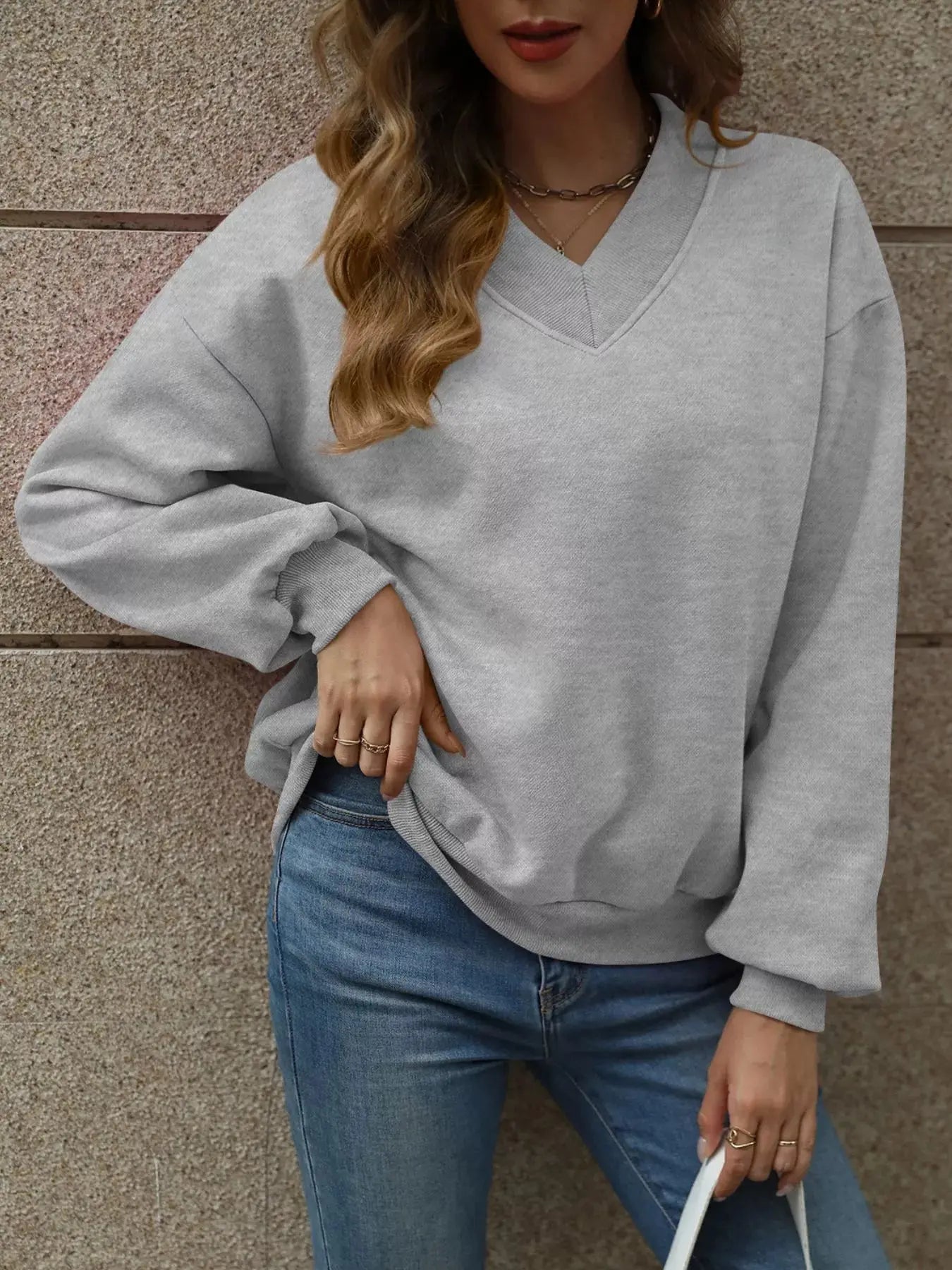 V-Neck Solid Color Casual Sweatshirt Simply Love