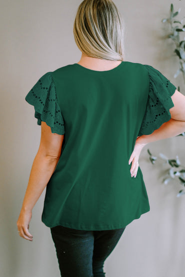 Elegant green plus size flutter sleeve blouse