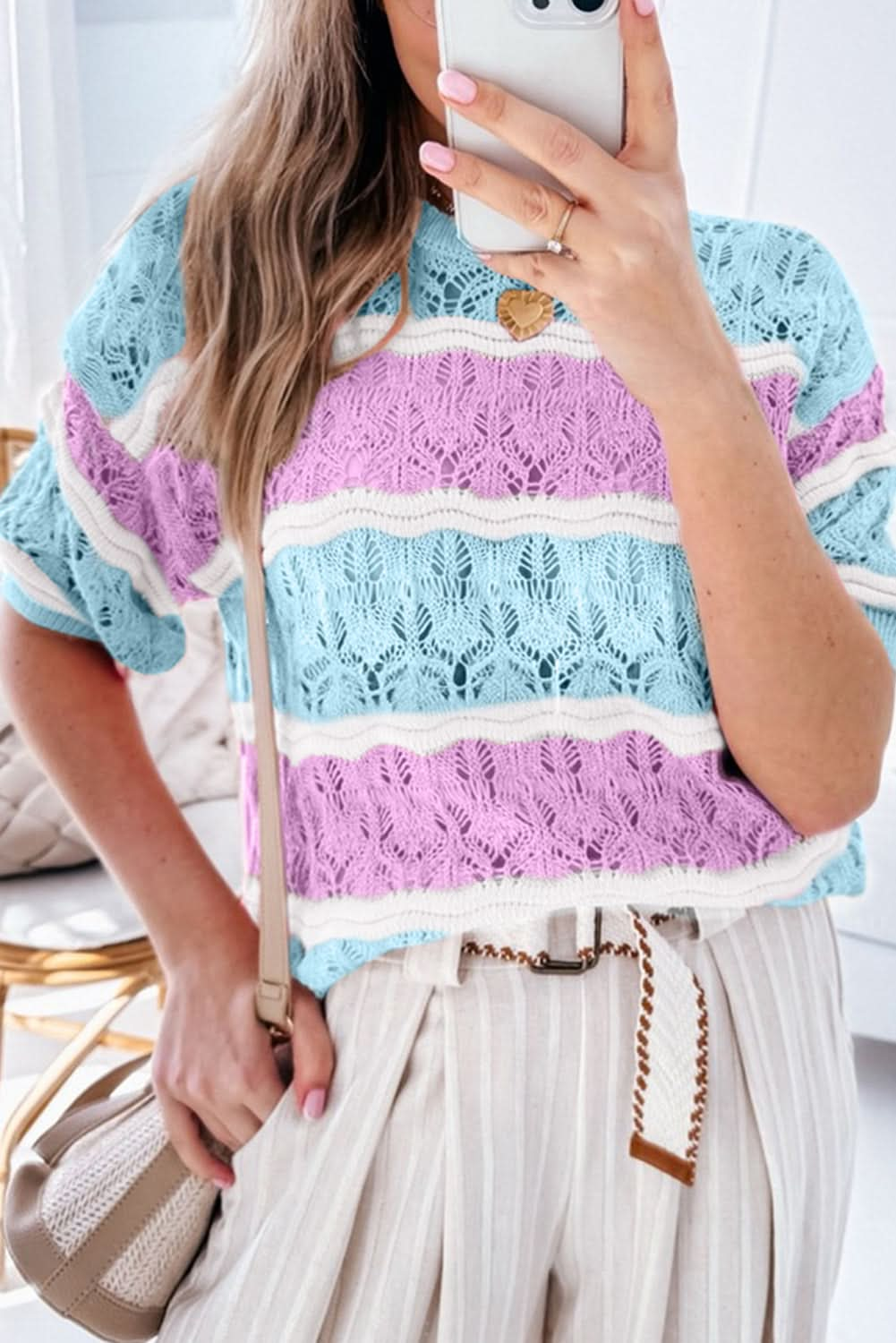 Purple Striped Crochet Color Block Half Sleeve Sweater