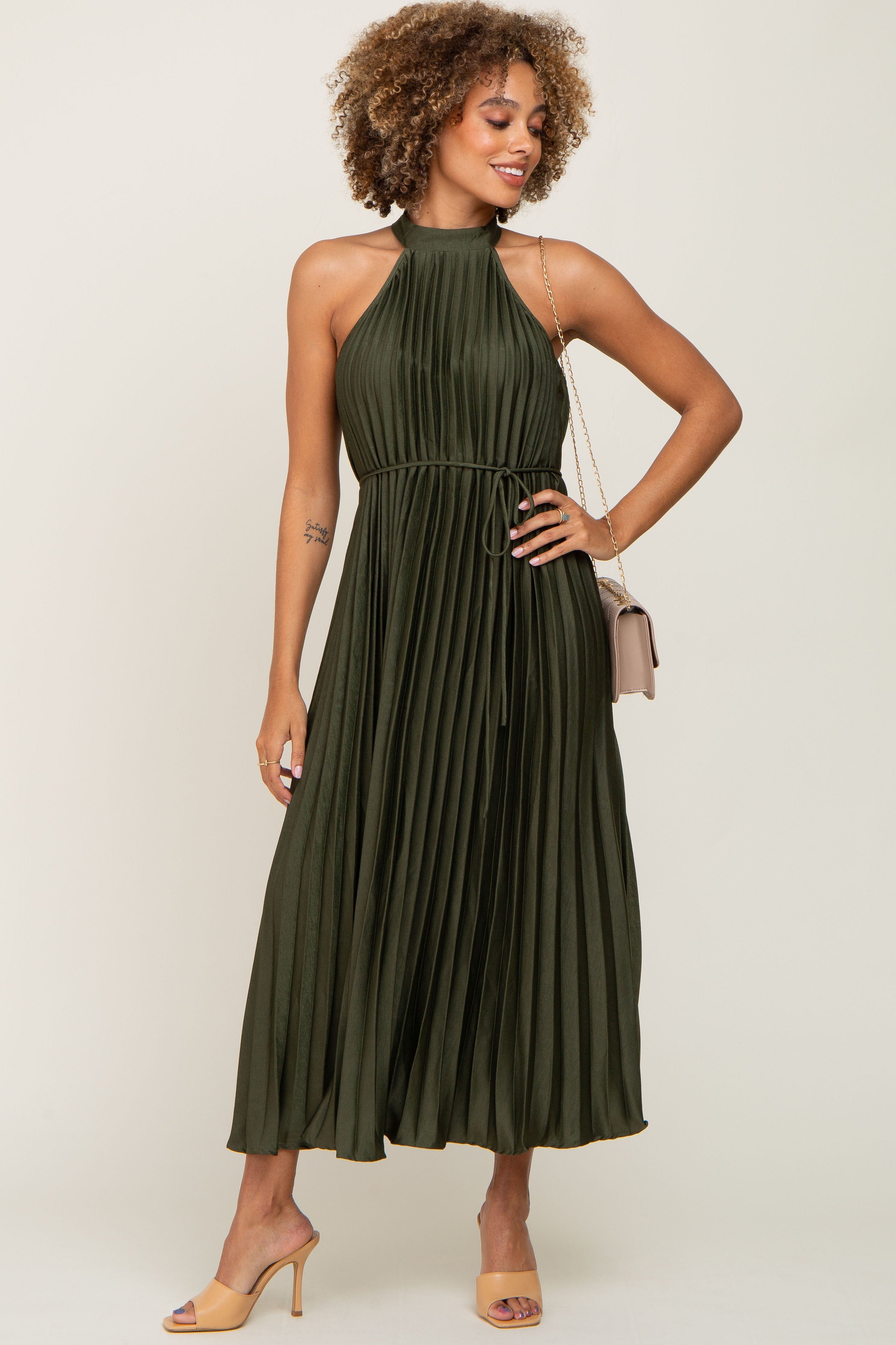 PinkBlush Olive Pleated Maternity Halter Dress - Lifestyle Image
