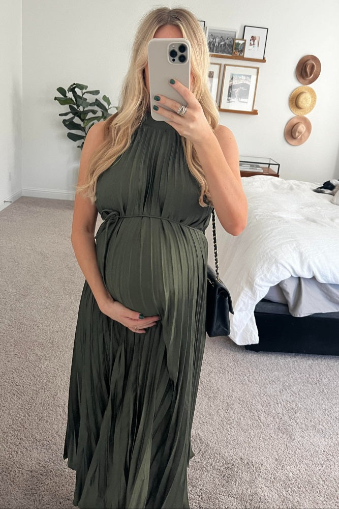 PinkBlush Olive Pleated Maternity Halter Dress - Side View