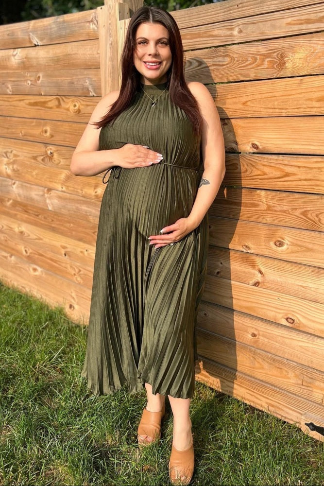PinkBlush Olive Pleated Maternity Halter Dress - Back View