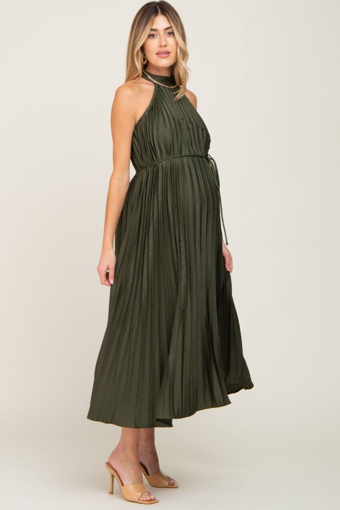 PinkBlush Olive Pleated Maternity Halter Dress - Detail View