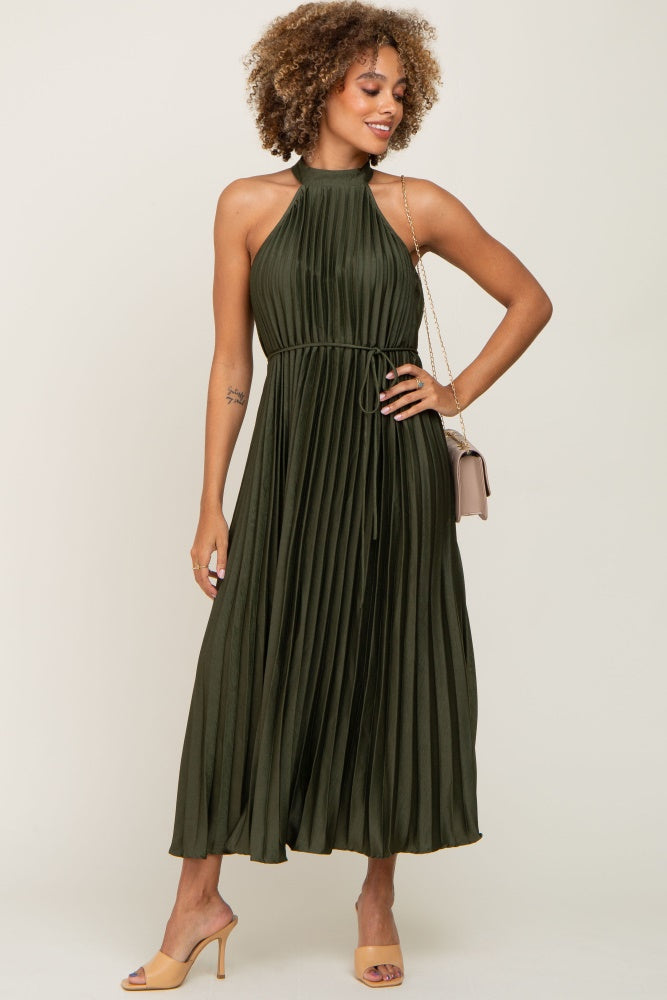 PinkBlush Olive Pleated Maternity Halter Dress, a detailed view of the hemline and the quality of the pleated fabric.