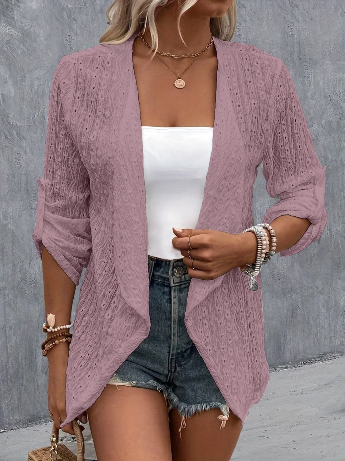 Eyelet Roll-Tab Sleeve Cardigan.