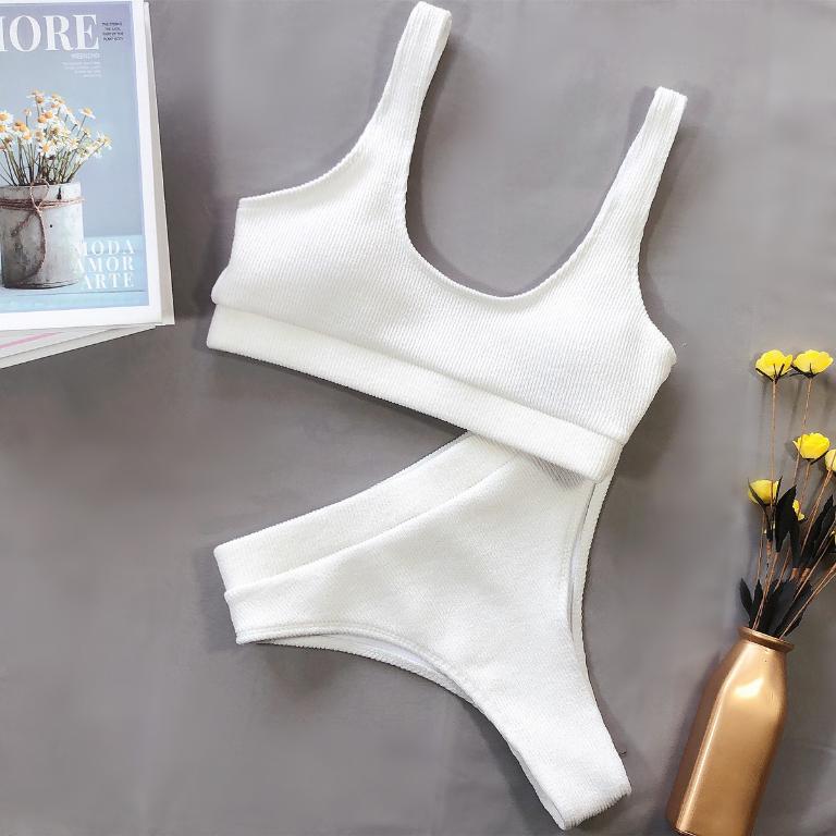 Fors Ribbed Solid Blue Swimsuit Women Sport High Waist Swimwear Women Vintage High Cut Sexy Bikini Set Padded Bathing Suit Bella Mia