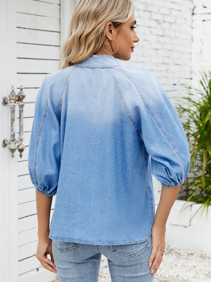 Denim Bow Tie Puff Sleeve Top