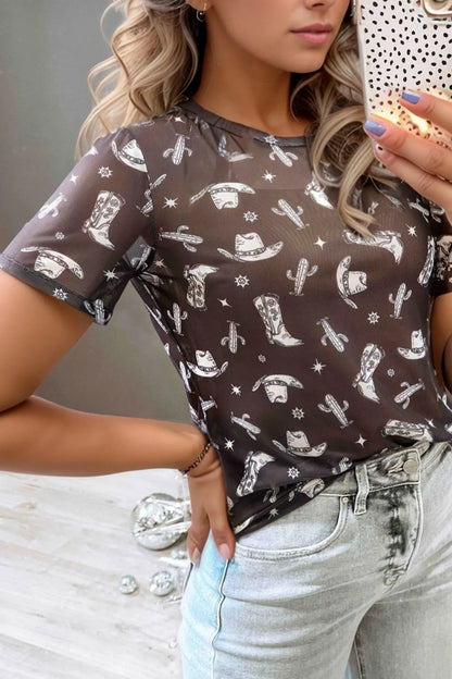 Western Pattern Mesh Sheer Crew Neck Top