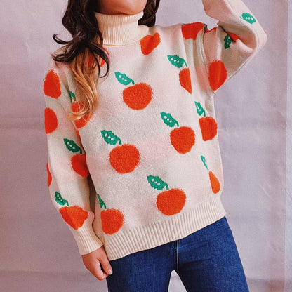 Fruit Pattern Turtleneck Dropped Sweater.