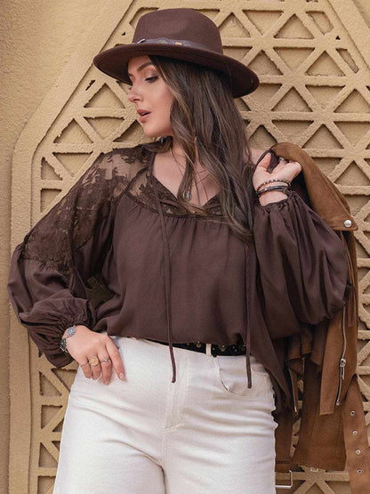 Plus Size Lace Detail Tie Neck Long Sleeve BlousePlus Size Lace Detail Tie Neck Long Sleeve Blouse
 
 Upgrade your wardrobe with our Plus Size Lace Detail Tie Neck Long Sleeve Blouse, a versatile piece that effortlLove Salve Size Lace Detail Tie Neck Long Sleeve Blousejust arrived