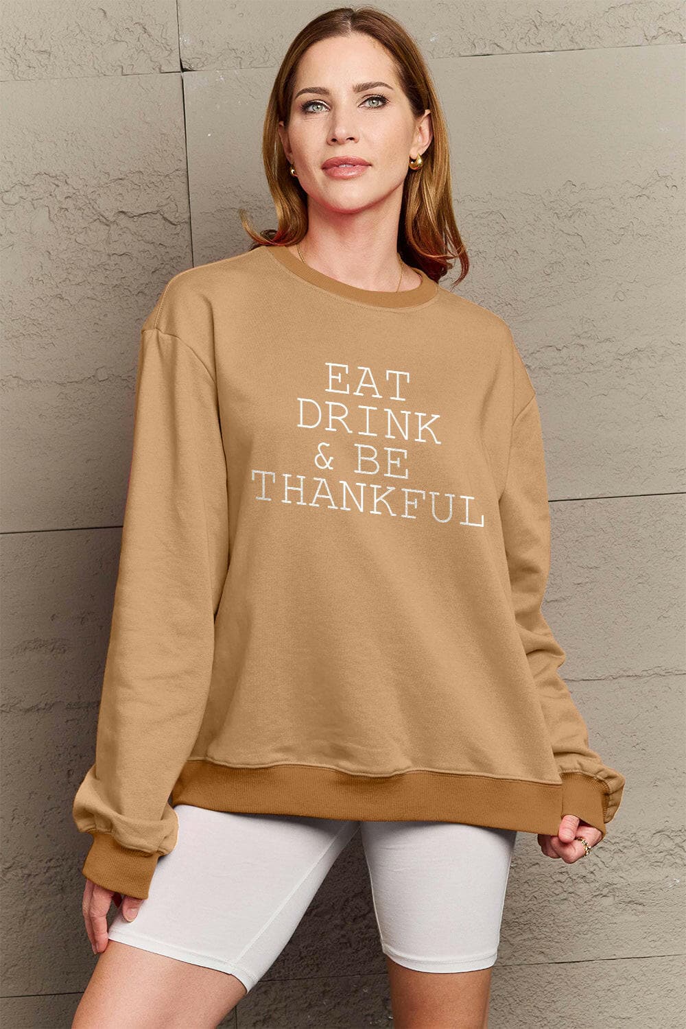 Simply Love Full Size EAT DRINK & BE THANKFUL Round Neck Sweatshirt.