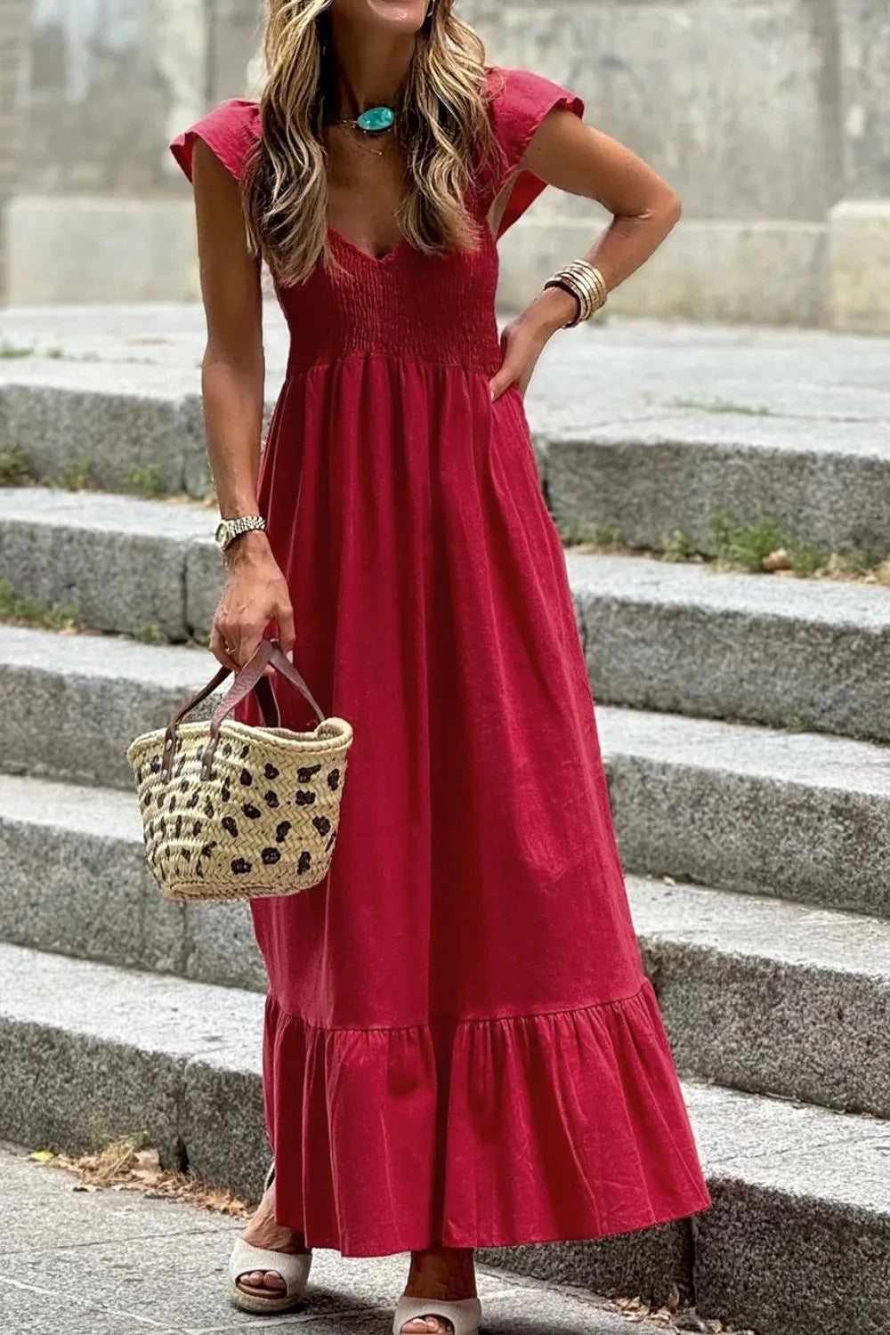 Smocked Tiered Cap Sleeve Maxi Dress Simply Love