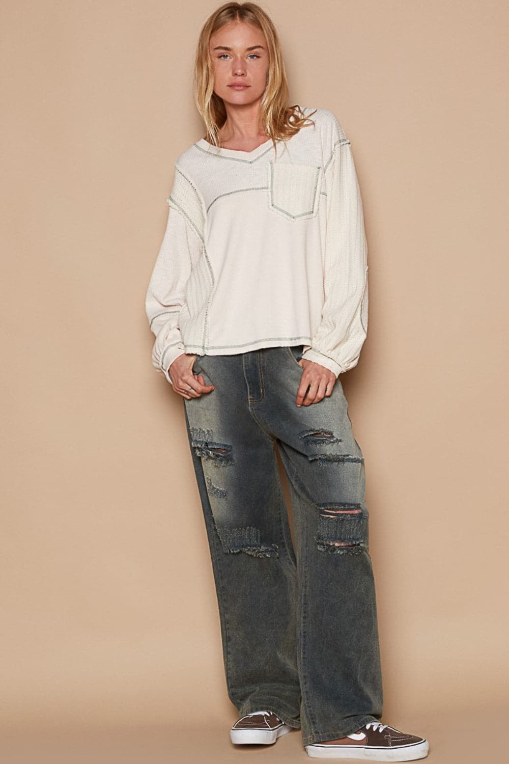 POL V-Neck knit Panel Exposed Seam Top.