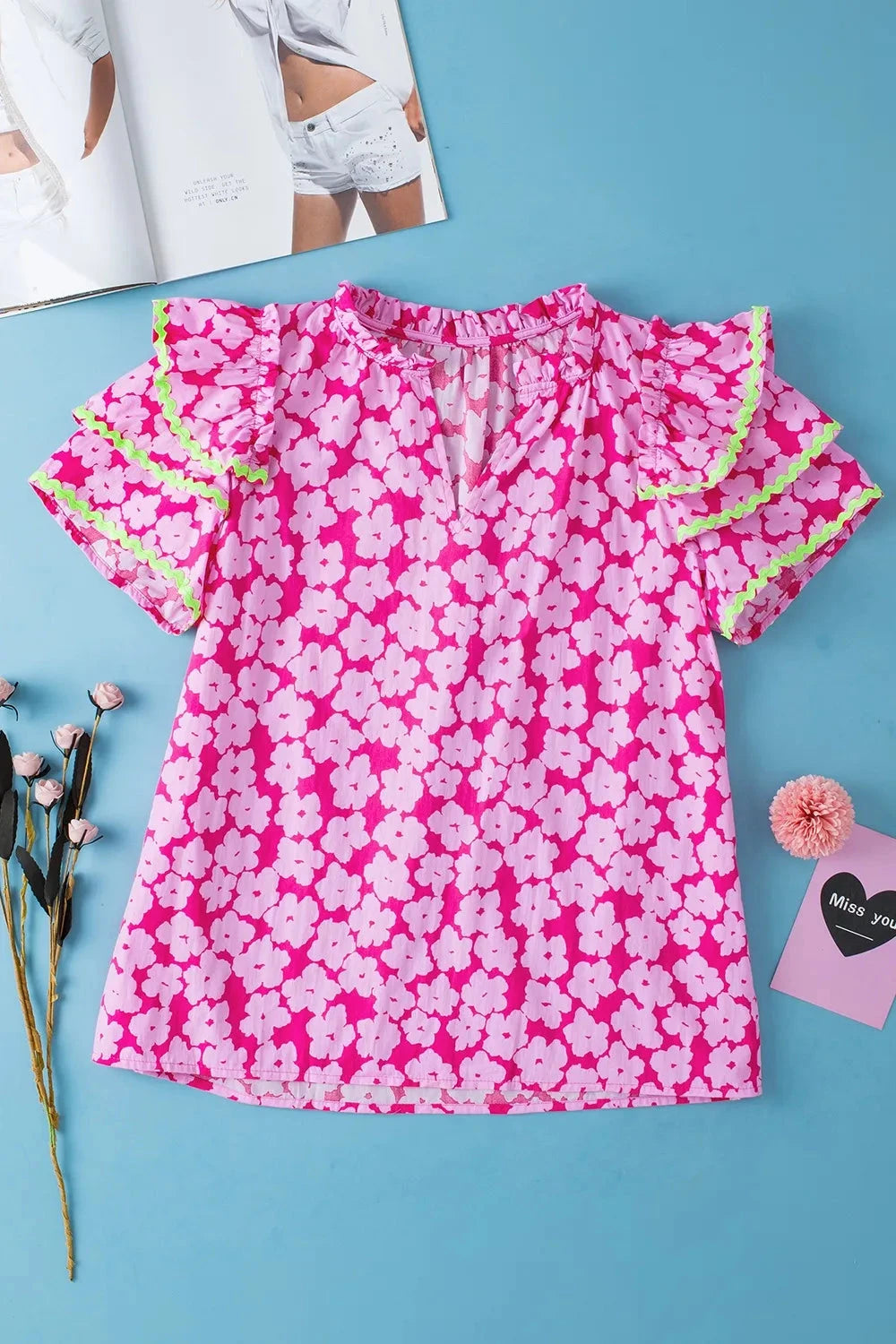 Printed V-Neck Flounce Sleeve Blouse Coco’s Tee Boutique