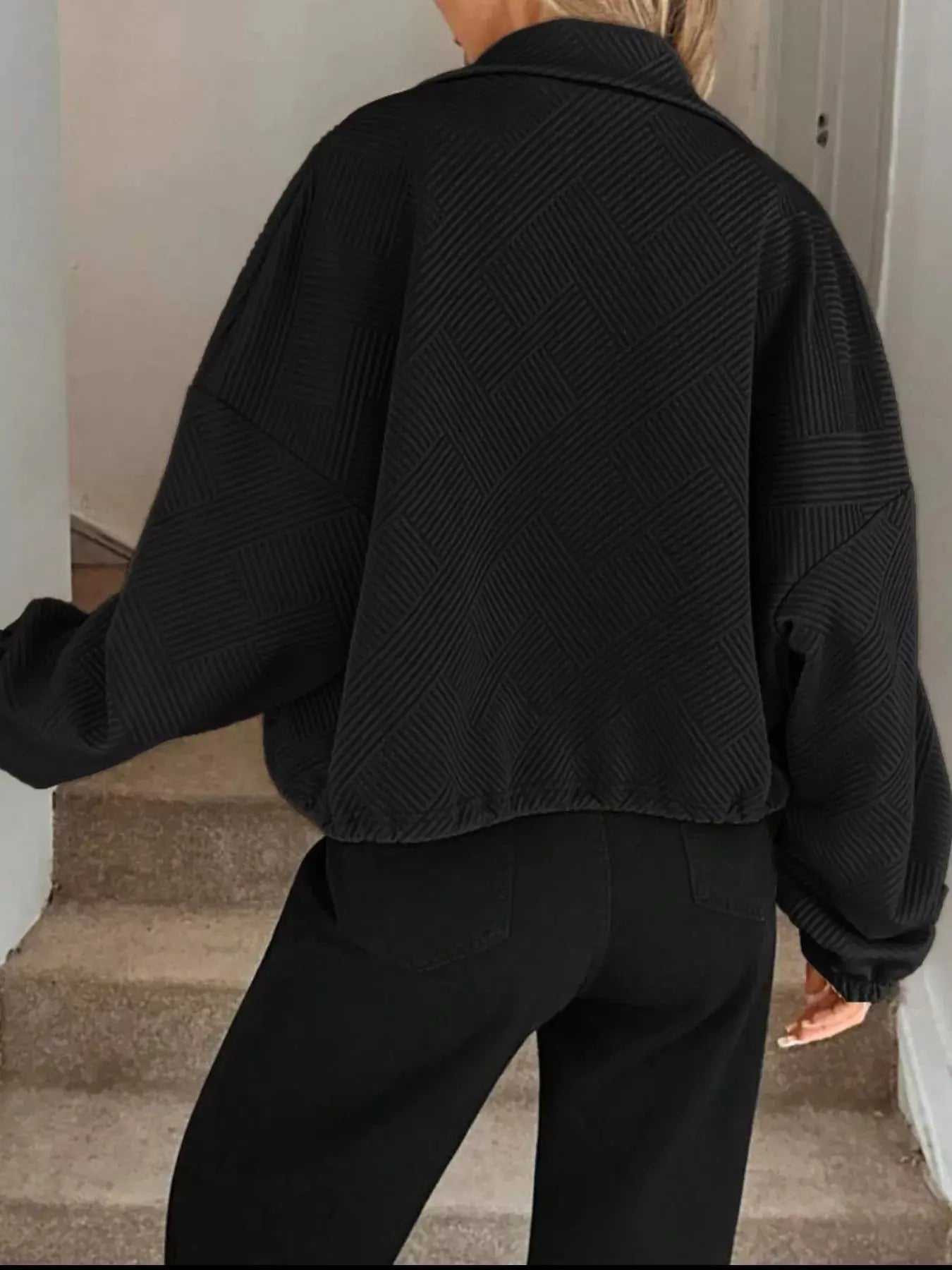 Textured Zip-Up Drawstring Hem Jacket Simply Love