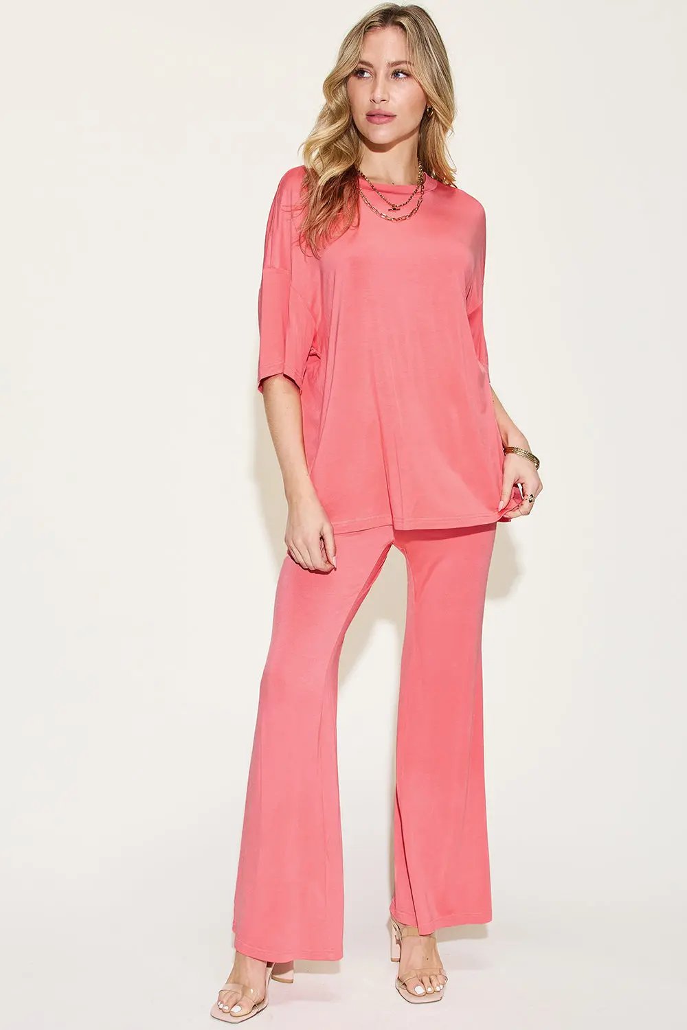 Basic Bae Full Size Bamboo Drop Shoulder T-Shirt and Flare Pants Set - Love Salve