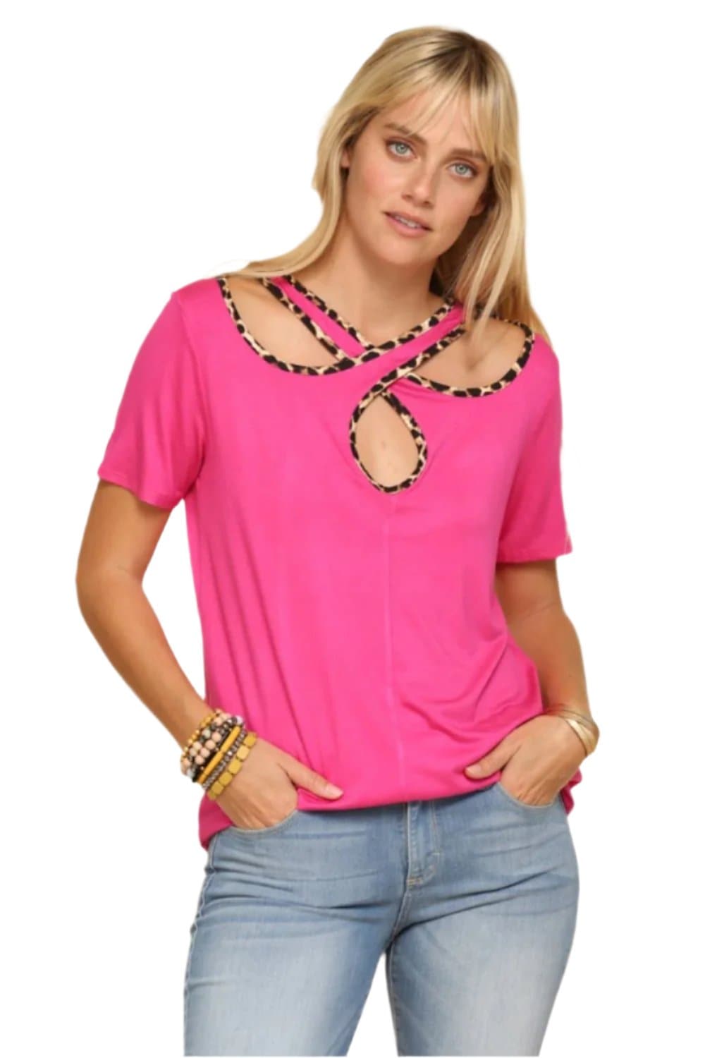 Celeste Full Size Crisscross Cutout Leopard Contrast Trim T-Shirt.