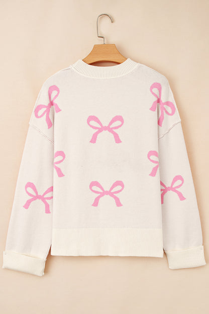 Pink Bow Print Ribbed Trim Drop Shoulder Loose Sweater