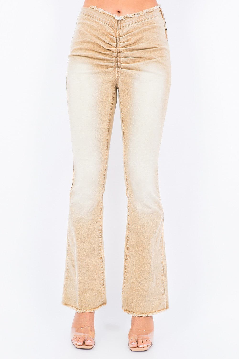 Chic V-cut ruched mid flare pants for a modern look