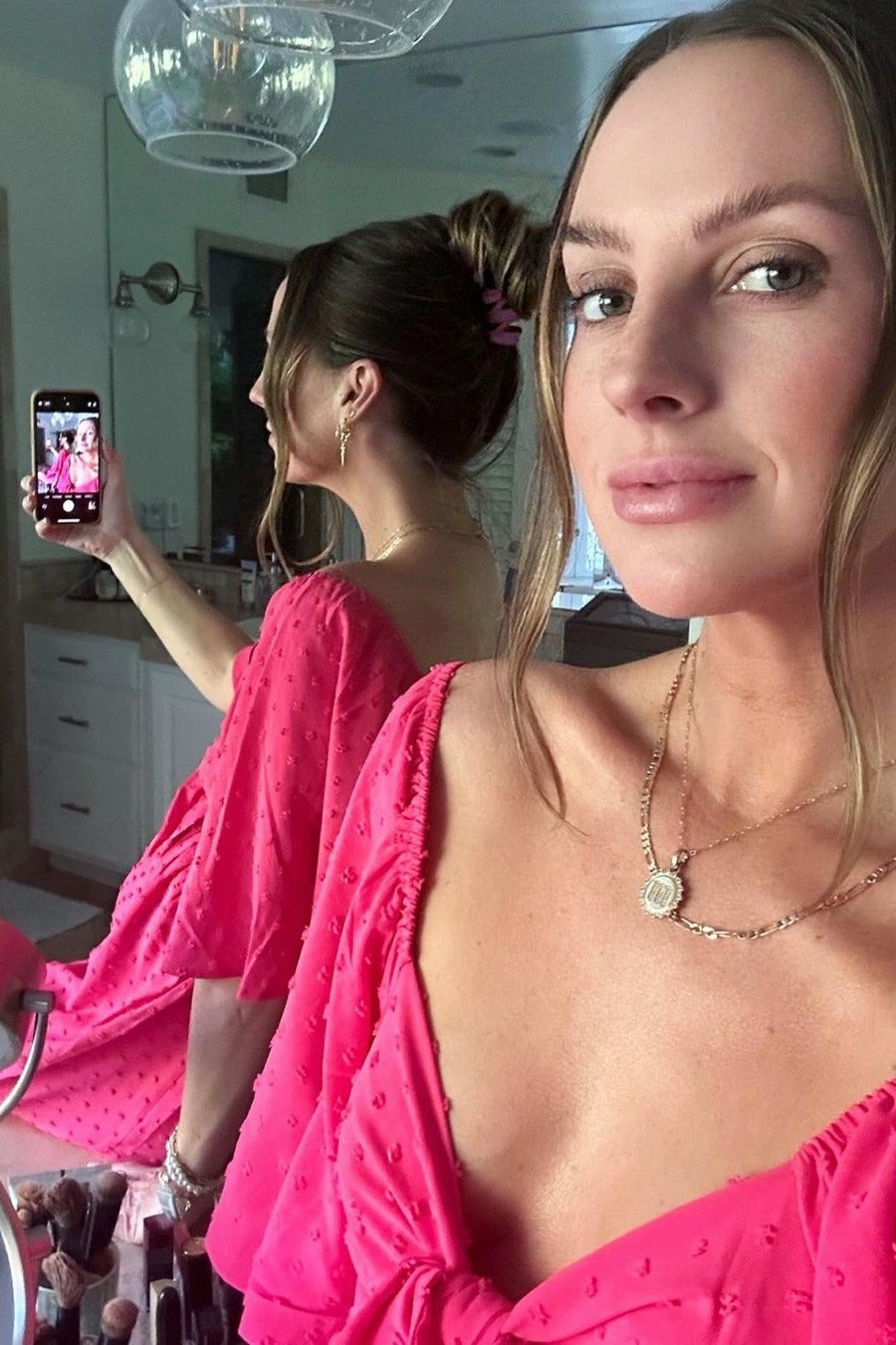 Fuchsia Textured Dot Front Tie Ruffle Sleeve Midi Dress PinkBlush