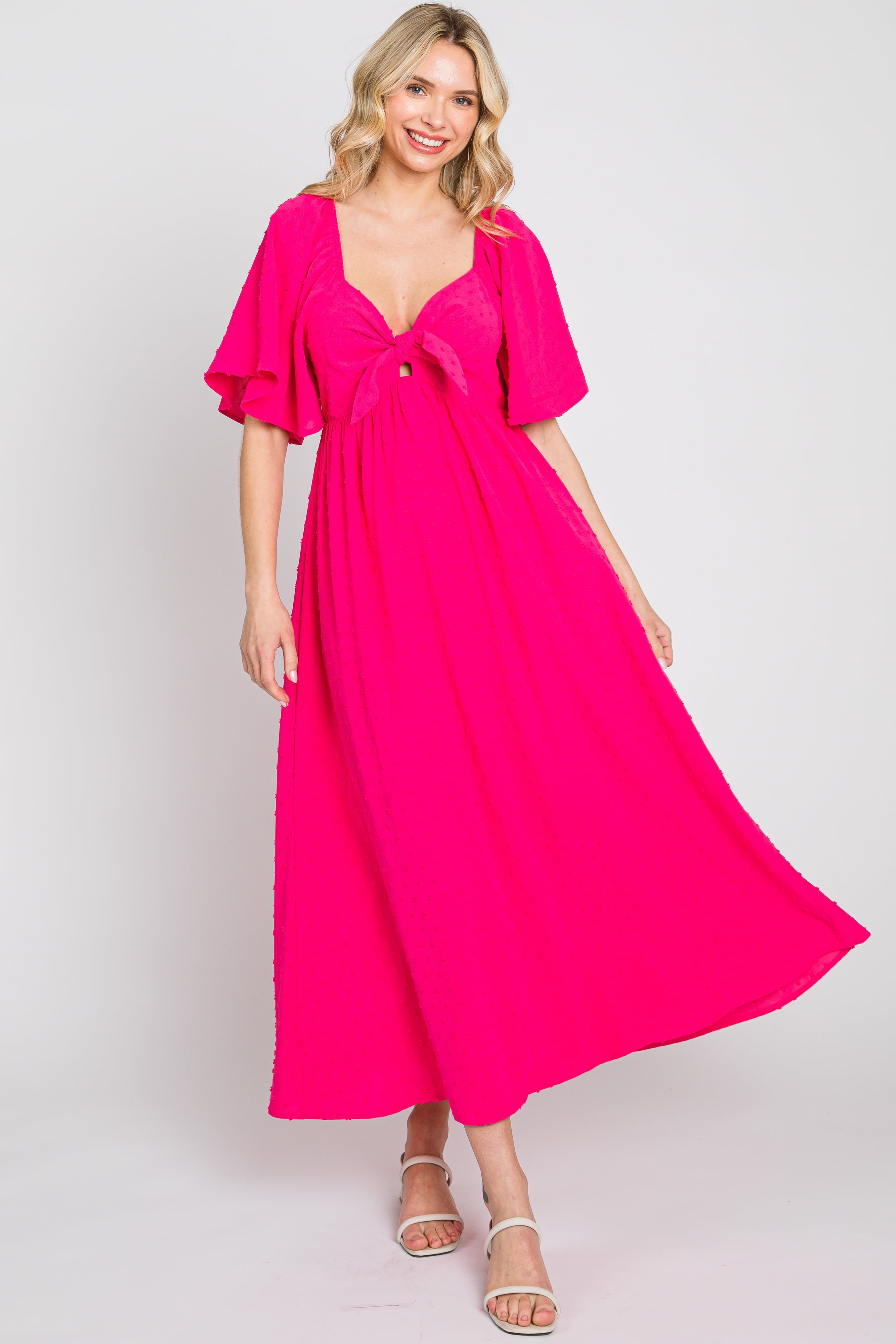 Fuchsia Textured Dot Front Tie Ruffle Sleeve Midi Dress PinkBlush