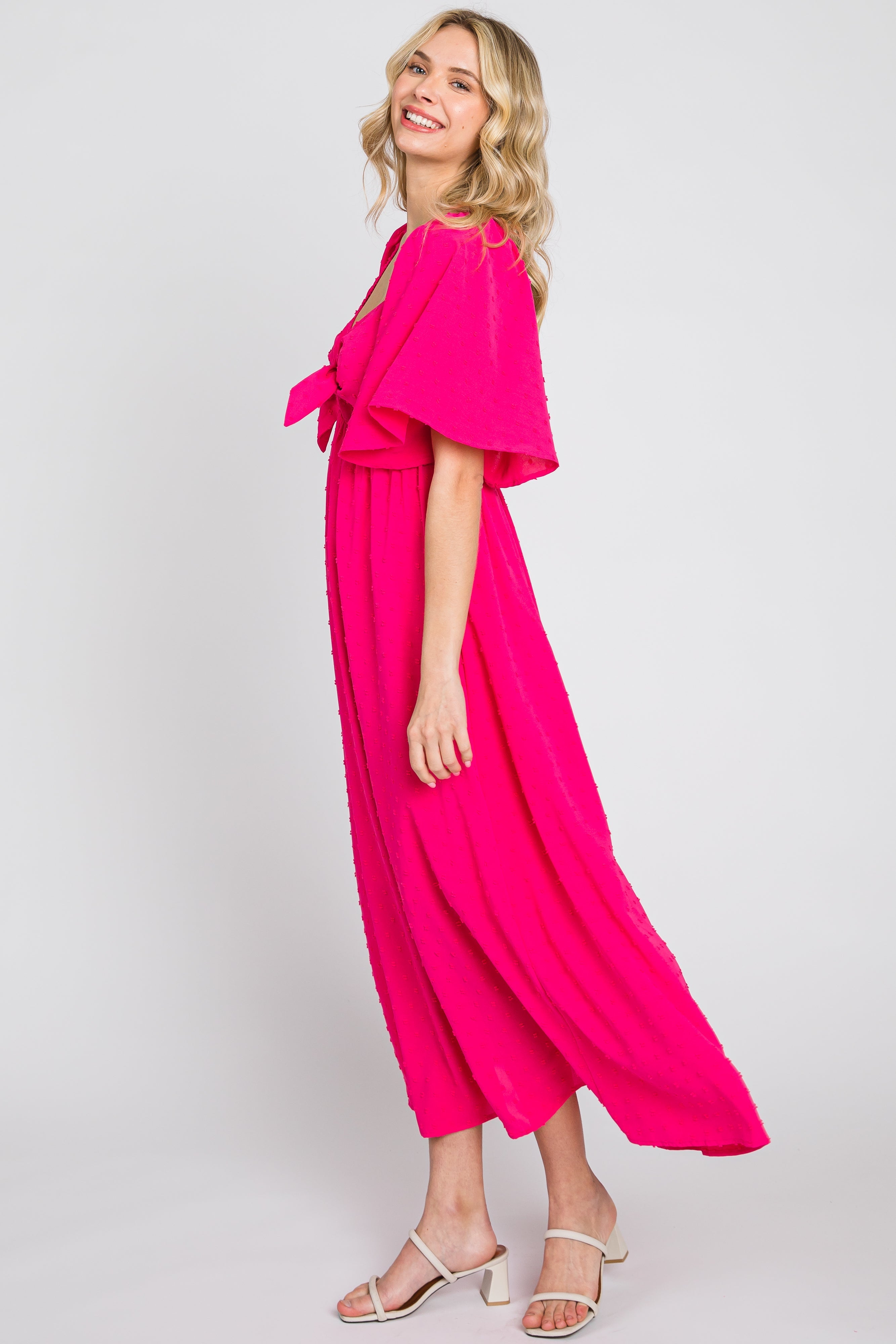 Fuchsia Textured Dot Front Tie Ruffle Sleeve Midi Dress PinkBlush