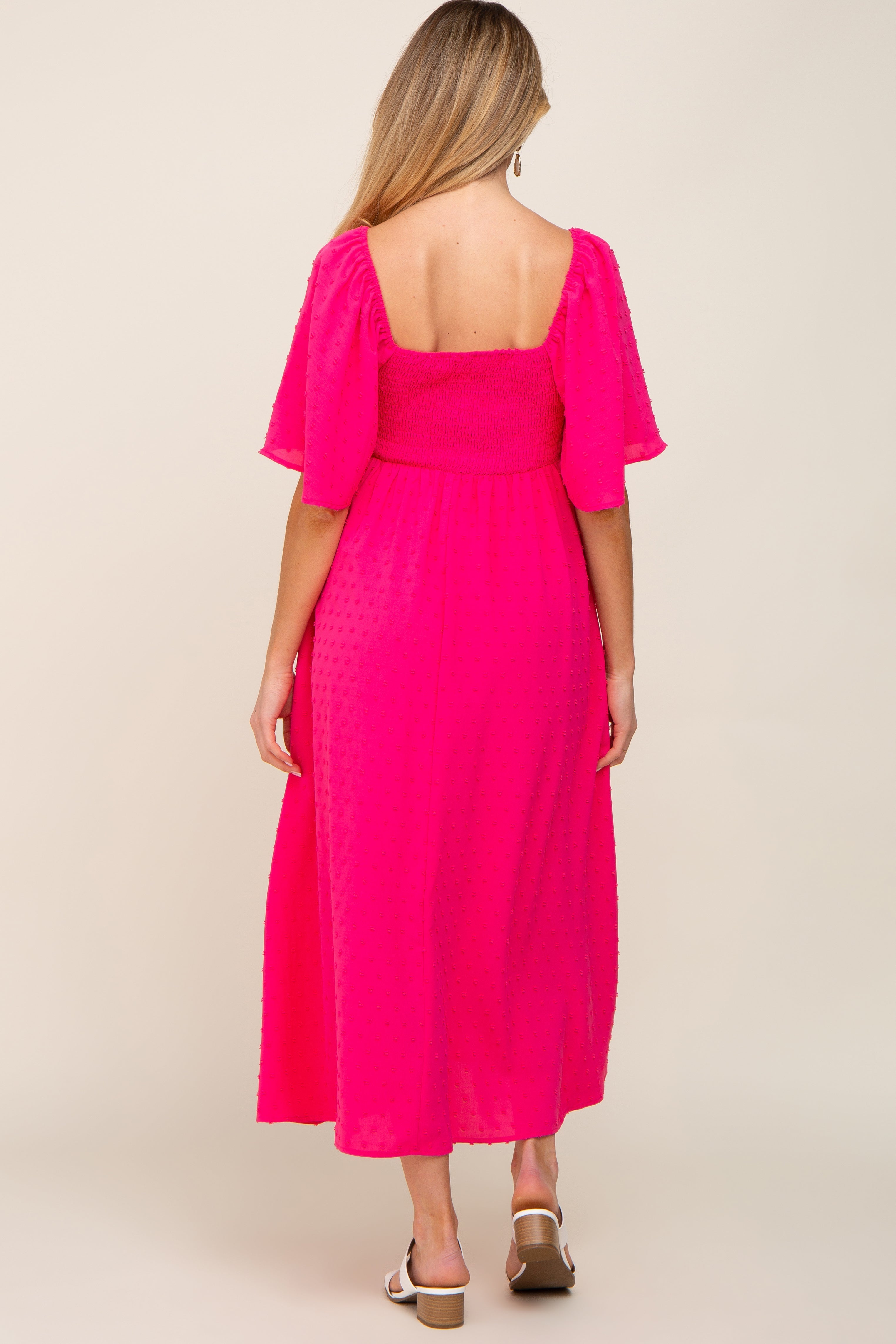 Fuchsia Textured Dot Front Tie Ruffle Sleeve Maternity Midi Dress PinkBlush