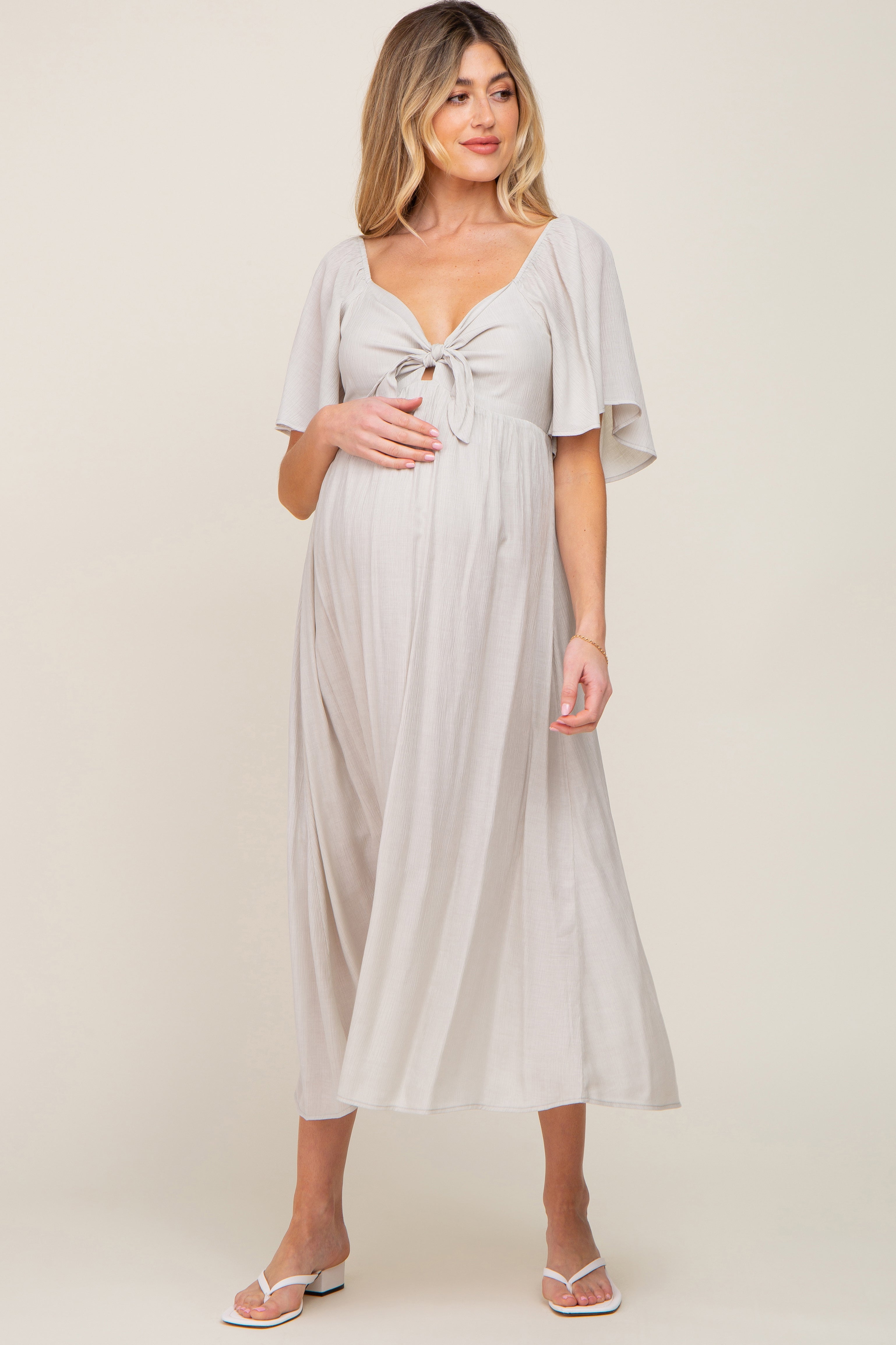 Grey Front Tie Ruffle Sleeve Maternity Midi Dress PinkBlush