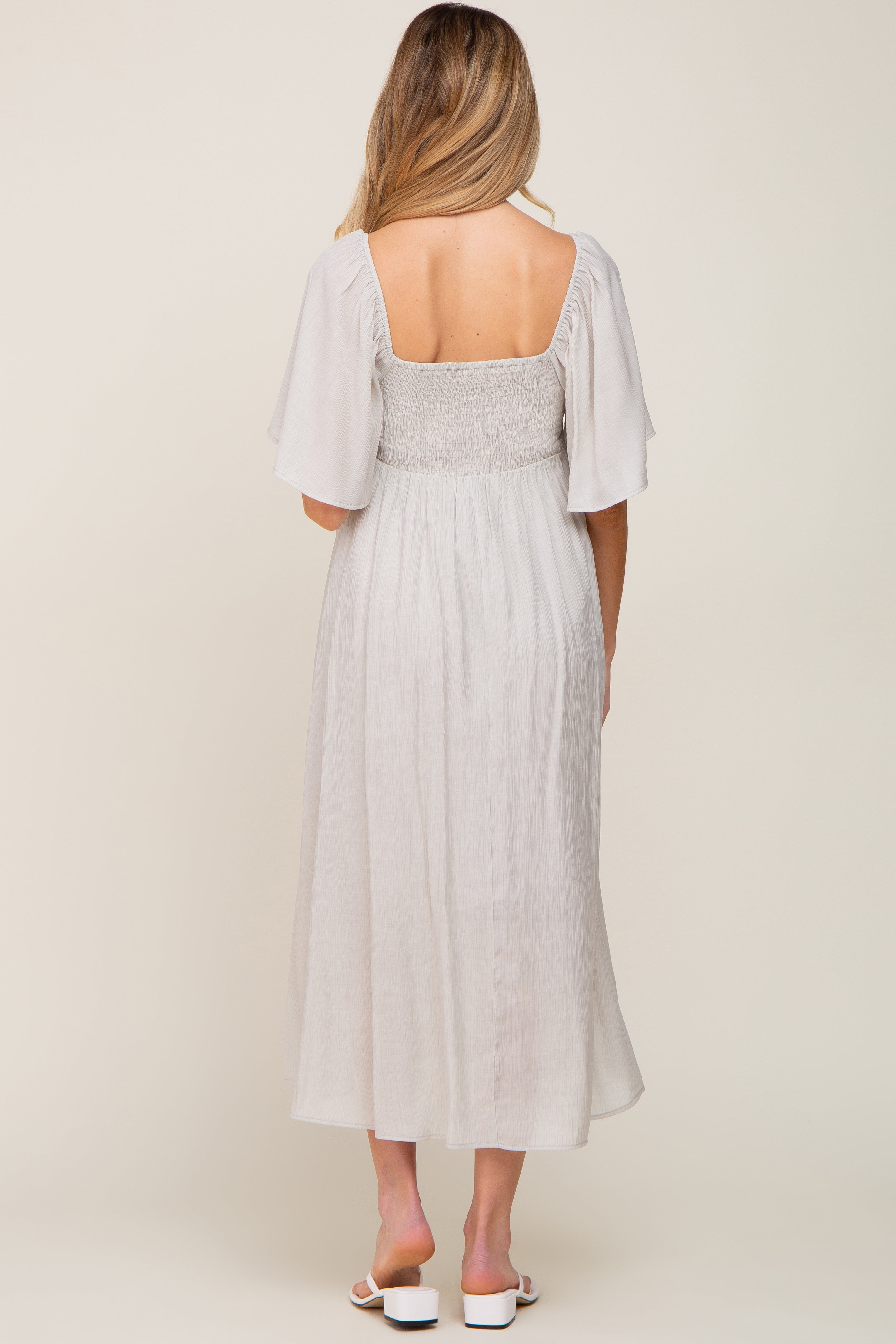 Grey Front Tie Ruffle Sleeve Maternity Midi Dress PinkBlush