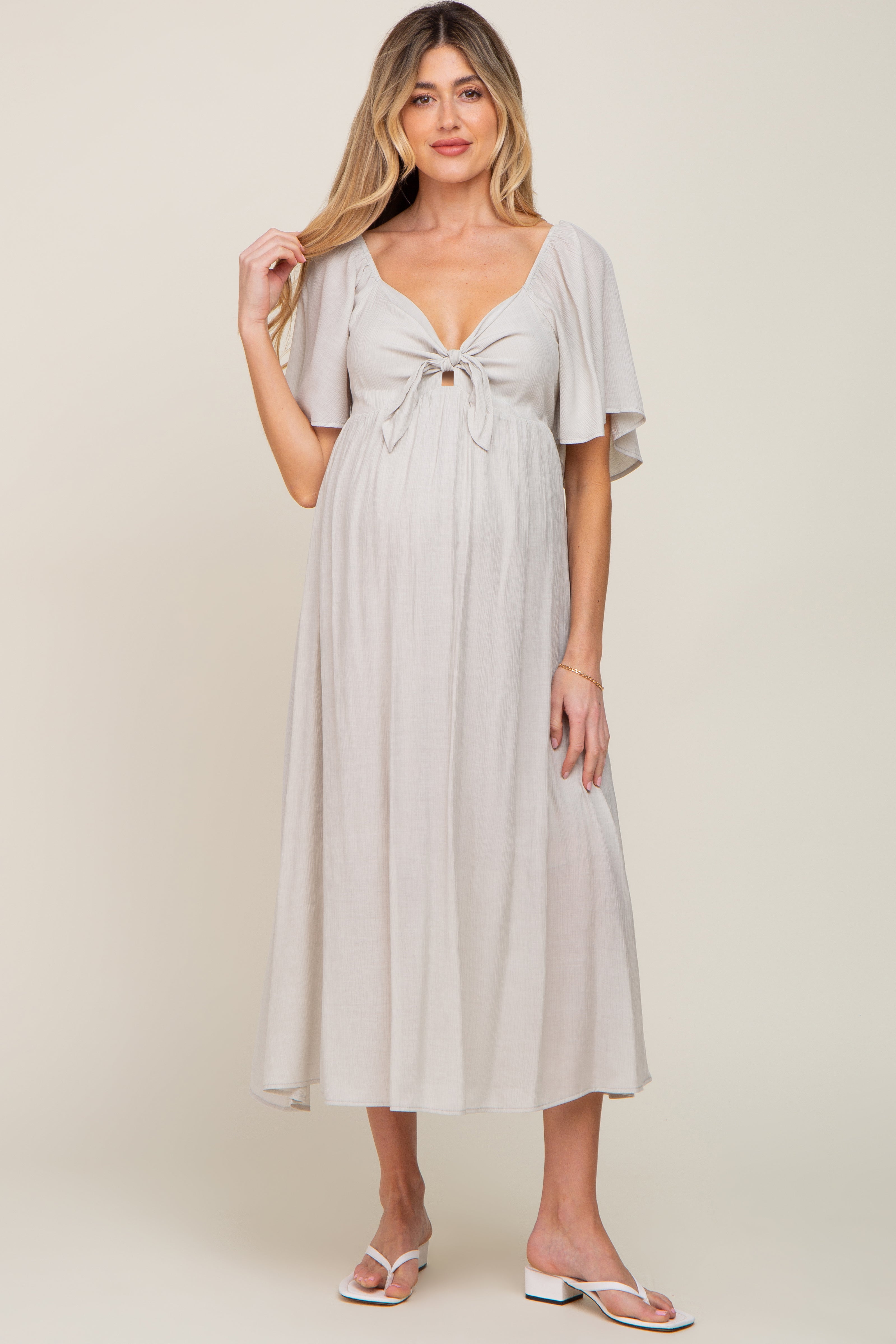 Grey Front Tie Ruffle Sleeve Maternity Midi Dress PinkBlush