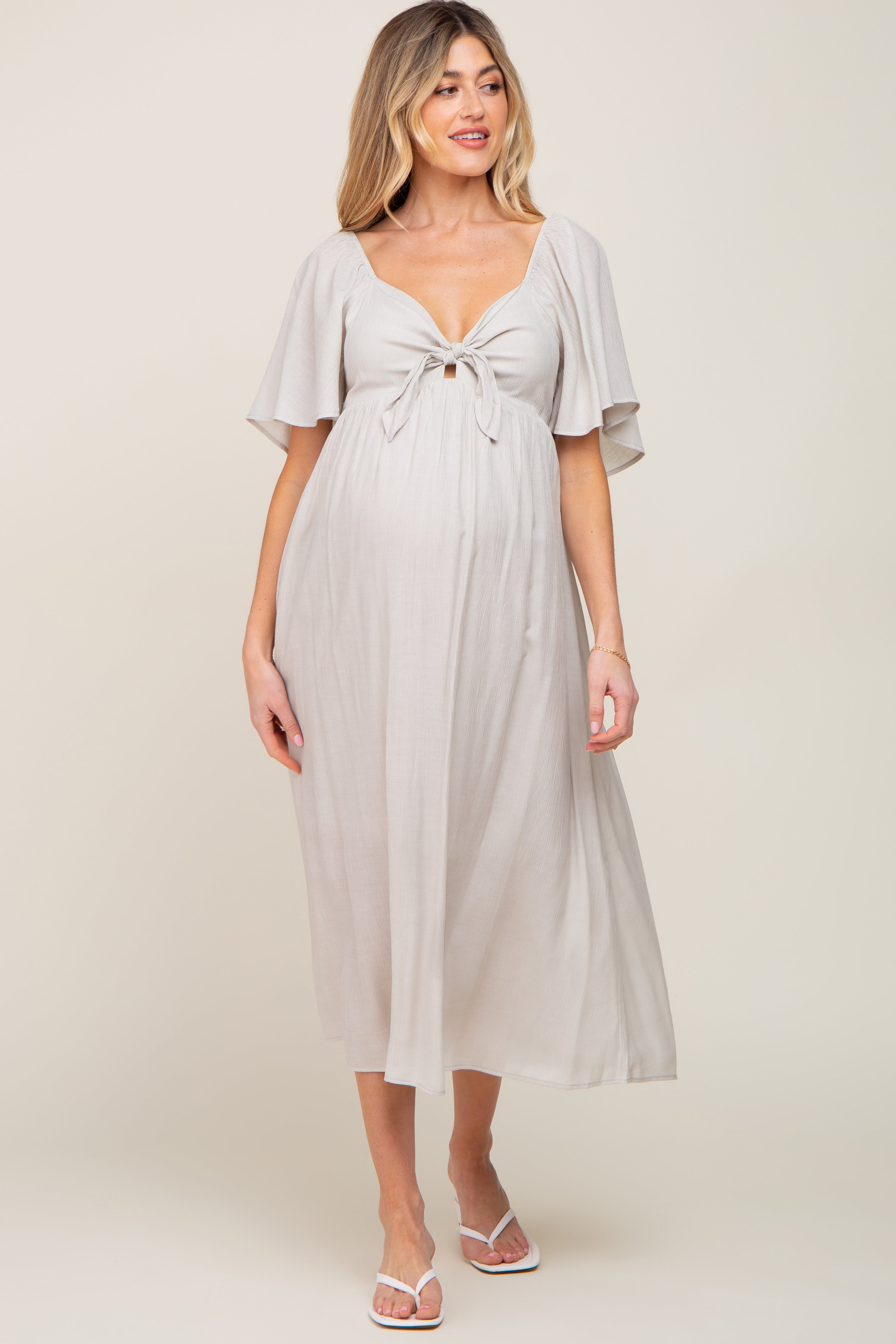 Grey Front Tie Ruffle Sleeve Maternity Midi Dress PinkBlush