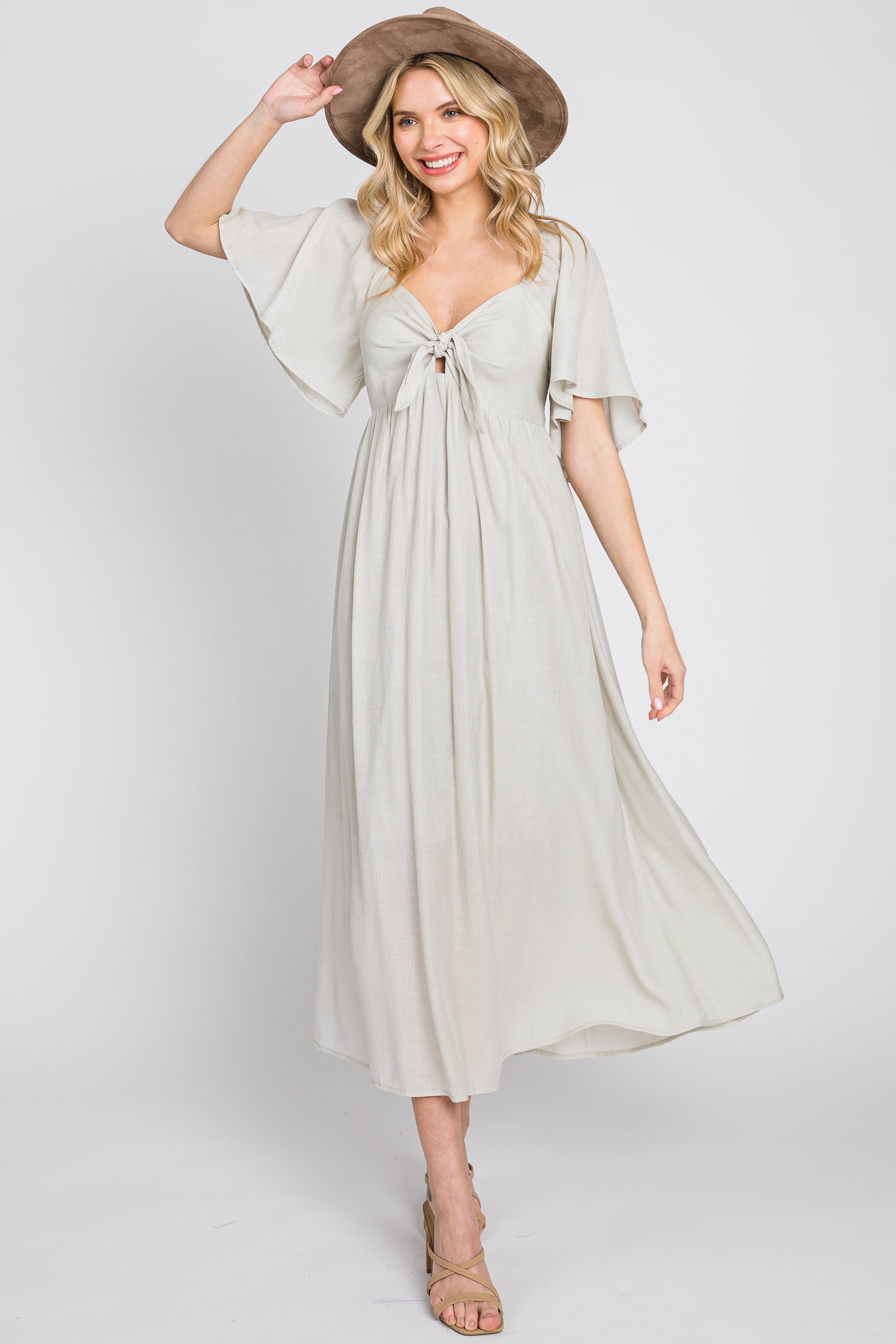 Grey Front Tie Ruffle Sleeve Maternity Midi Dress PinkBlush