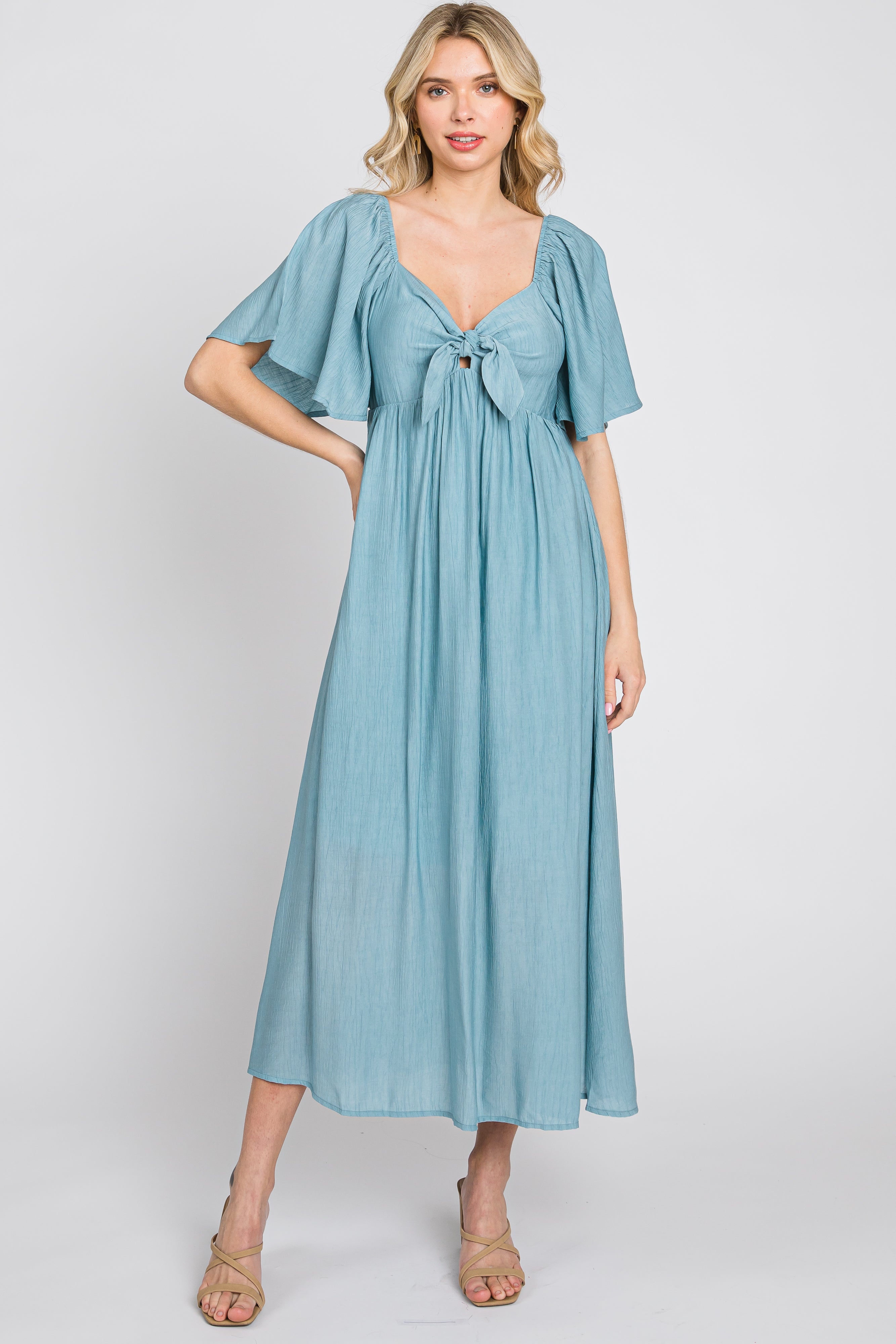 Blue Front Tie Ruffle Sleeve Maternity Midi Dress PinkBlush
