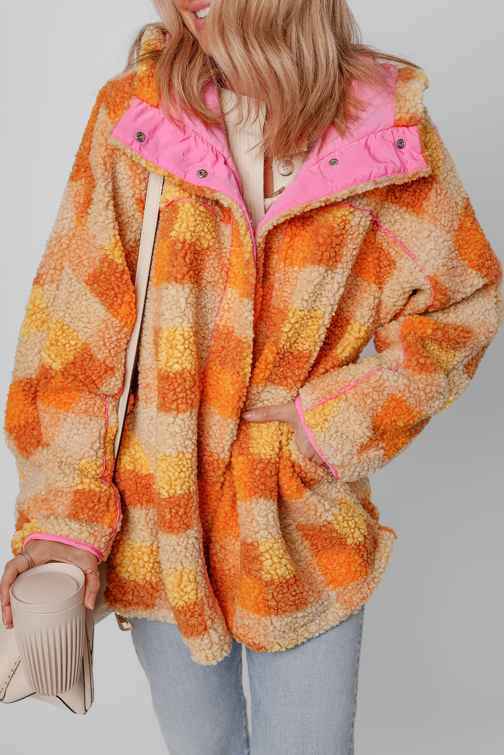 Cozy orange checkered sherpa jacket