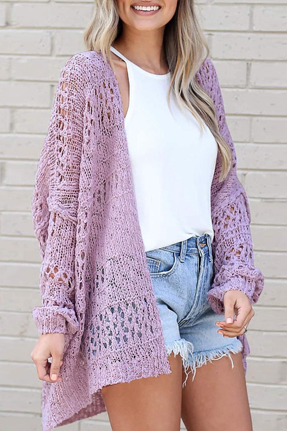 Openwork Open Front Long Sleeve Cardigan.