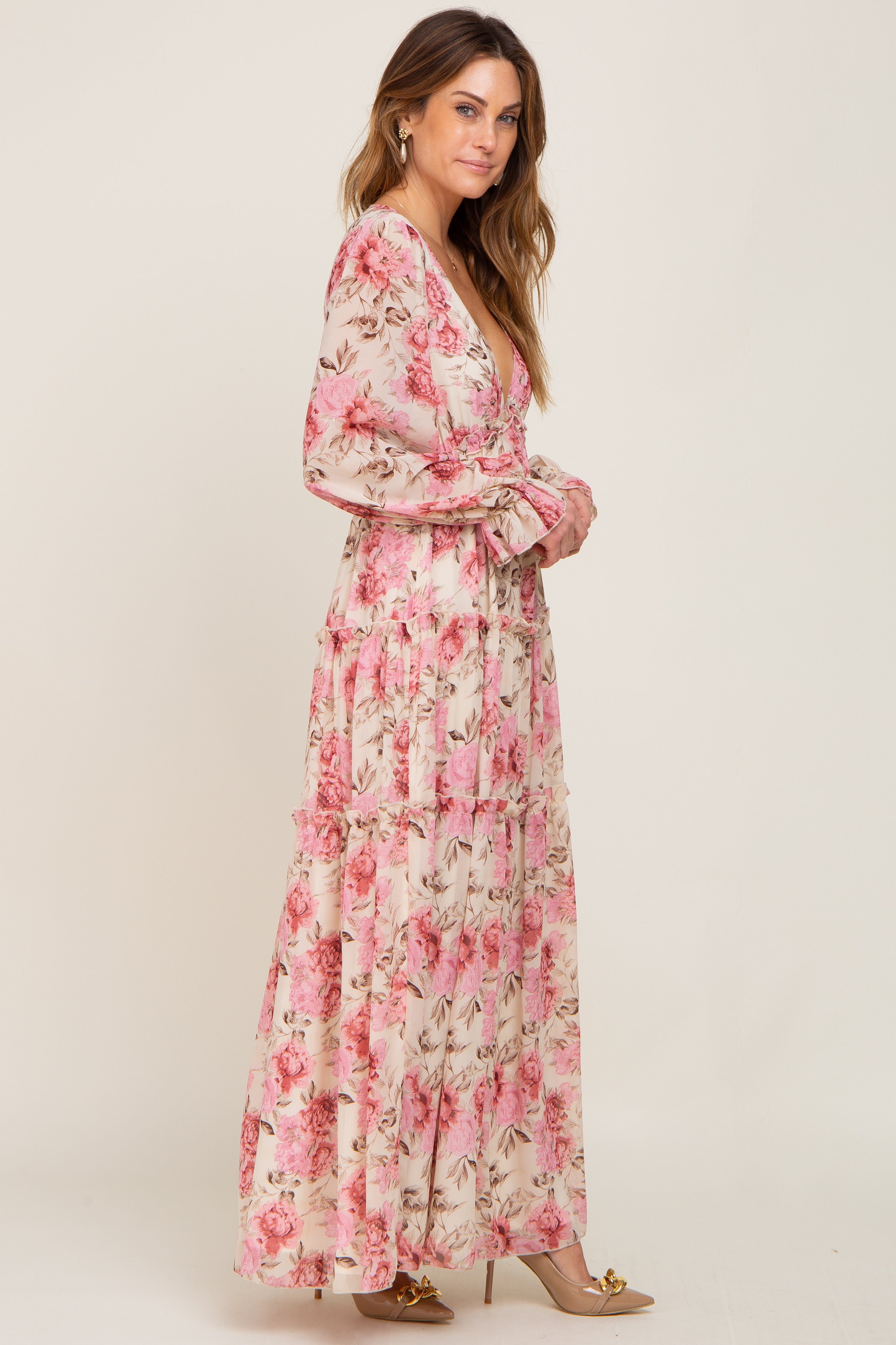 Ivory Floral Chiffon Ruffle Tiered Maxi Dress PinkBlush