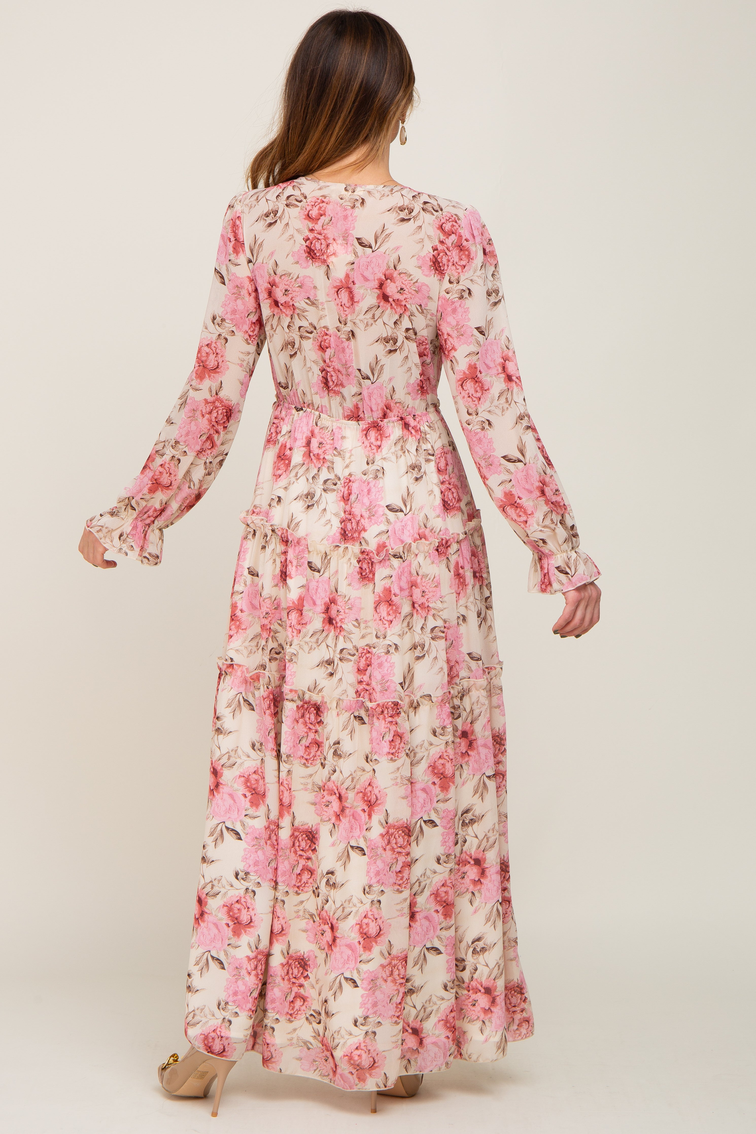 Ivory Floral Chiffon Ruffle Tiered Maxi Dress PinkBlush
