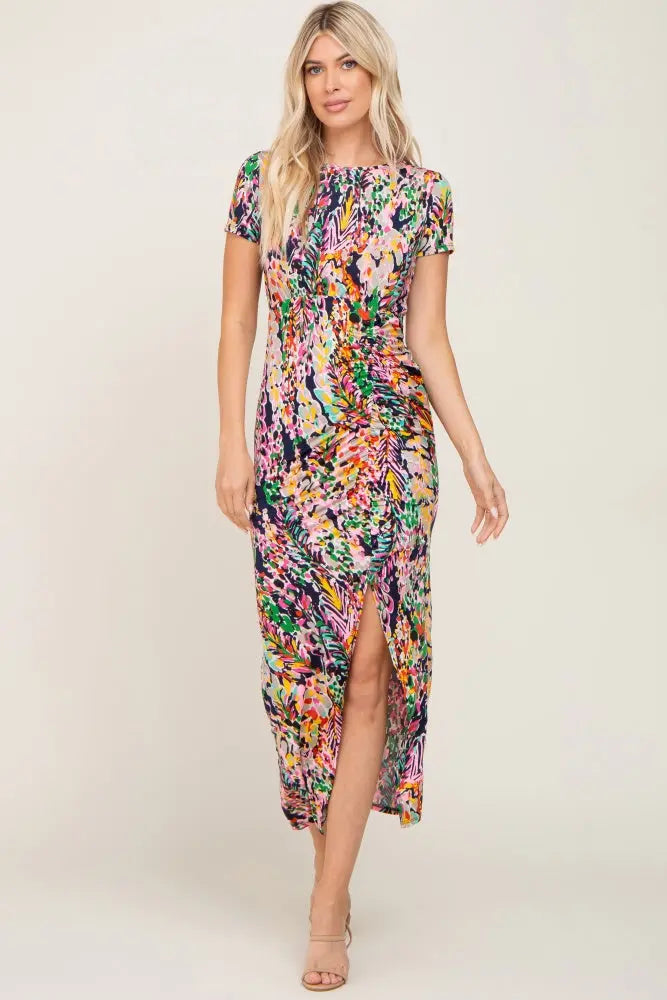 Navy Multi Color Floral Side Slit Maxi Dress With Short Sleeves PinkBlush
