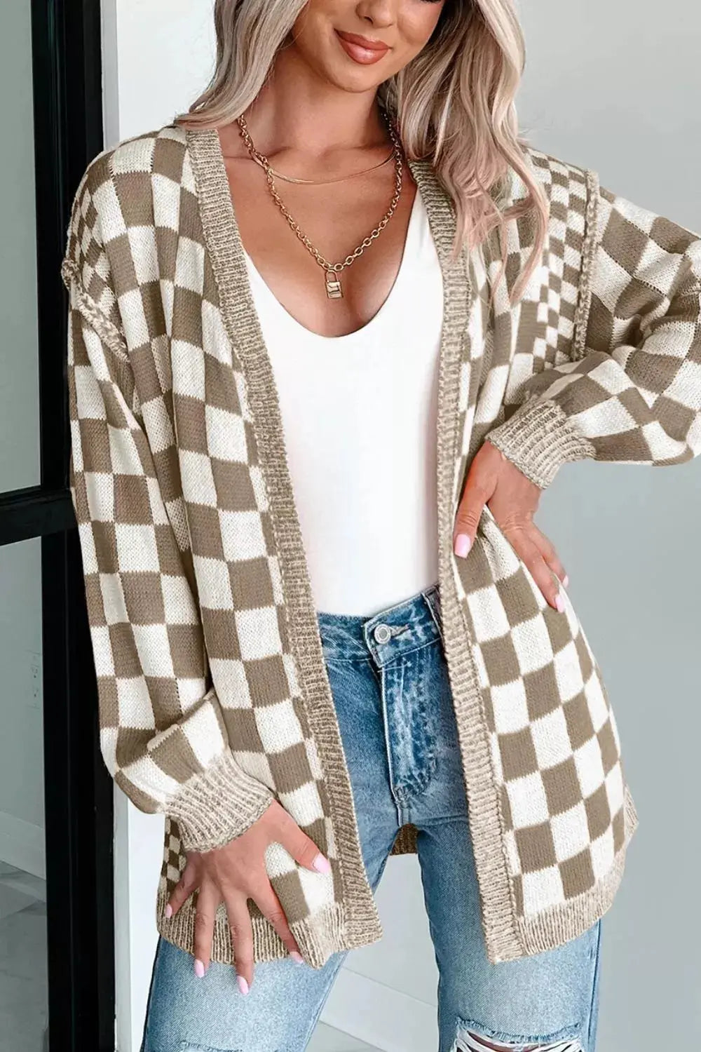 Checkerboard Print Open Front Knit Cardigan Simply Love