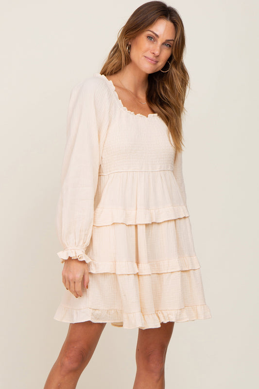 Ivory Smocked Ruffle Tiered Long Sleeve Dress PinkBlush