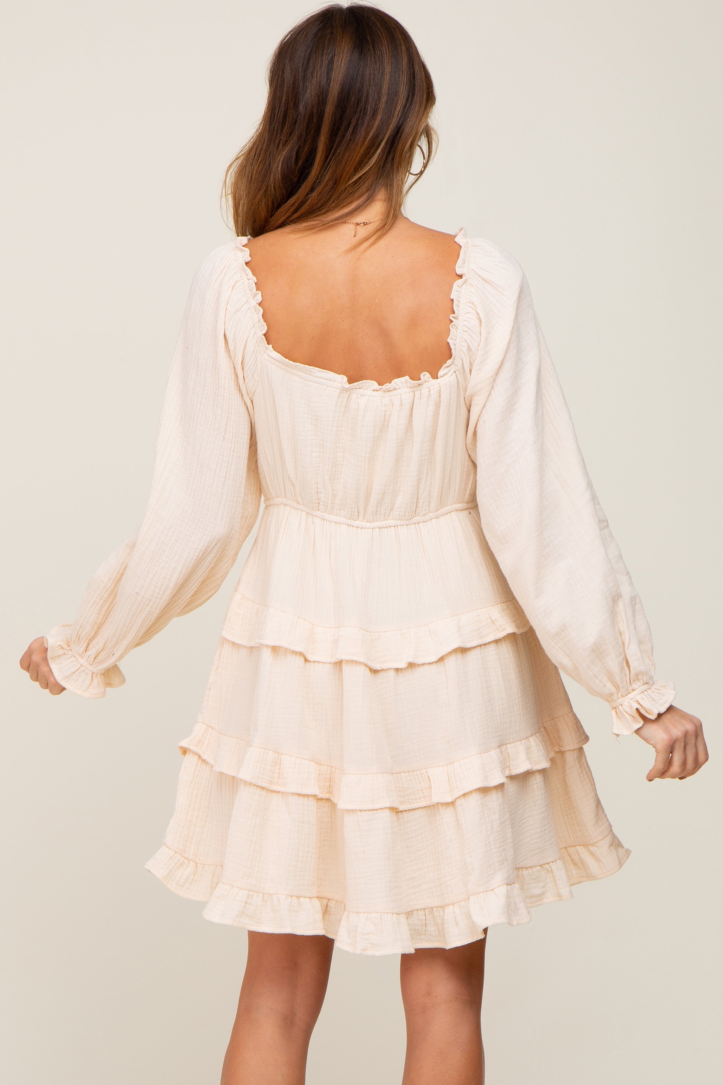 Ivory Smocked Ruffle Tiered Long Sleeve Dress PinkBlush