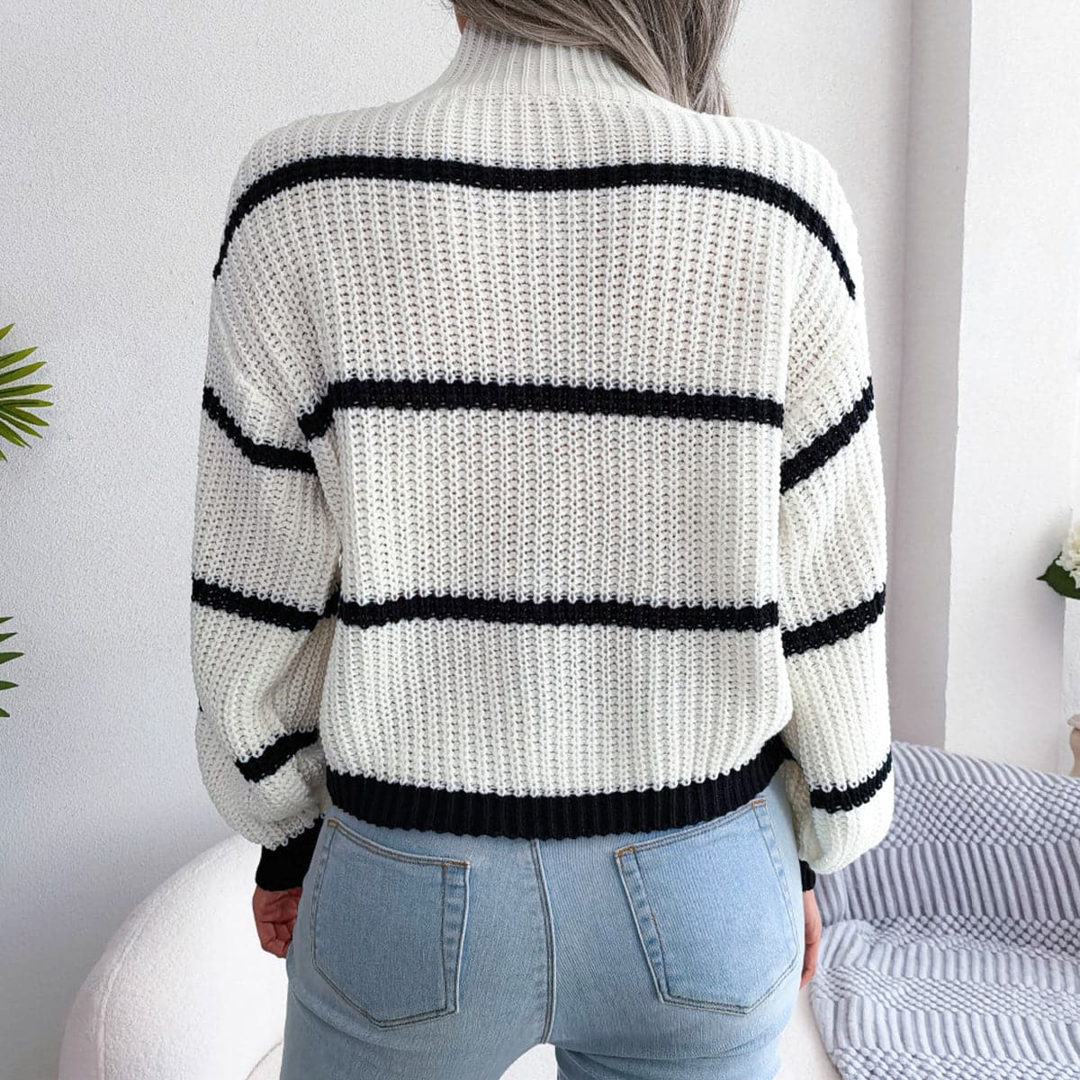 Striped Mock Neck Dropped Shoulder Sweater.