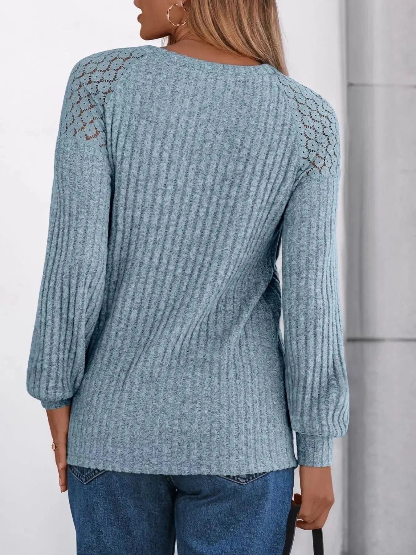 Ribbed Knit T-Shirt with Lace Shoulder Detail Simply Love