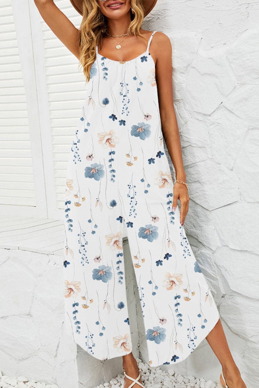 Printed Scoop Neck Wide Leg Jumpsuit.